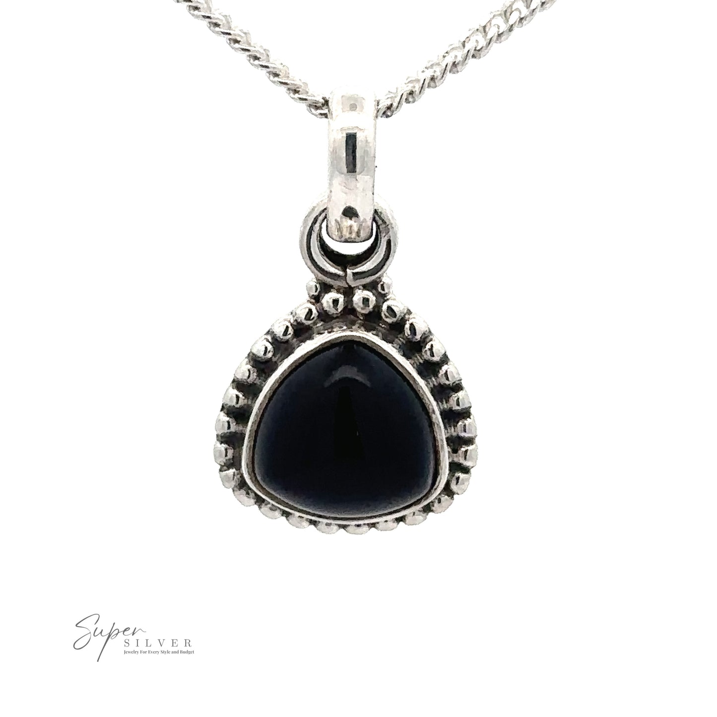 
                  
                    A Beautiful Triangular Shape Stone Pendant With Beaded Design, featuring a beaded design border. The pendant is suspended from a chain, and the label "Super Silver" is seen in the bottom left corner.
                  
                
