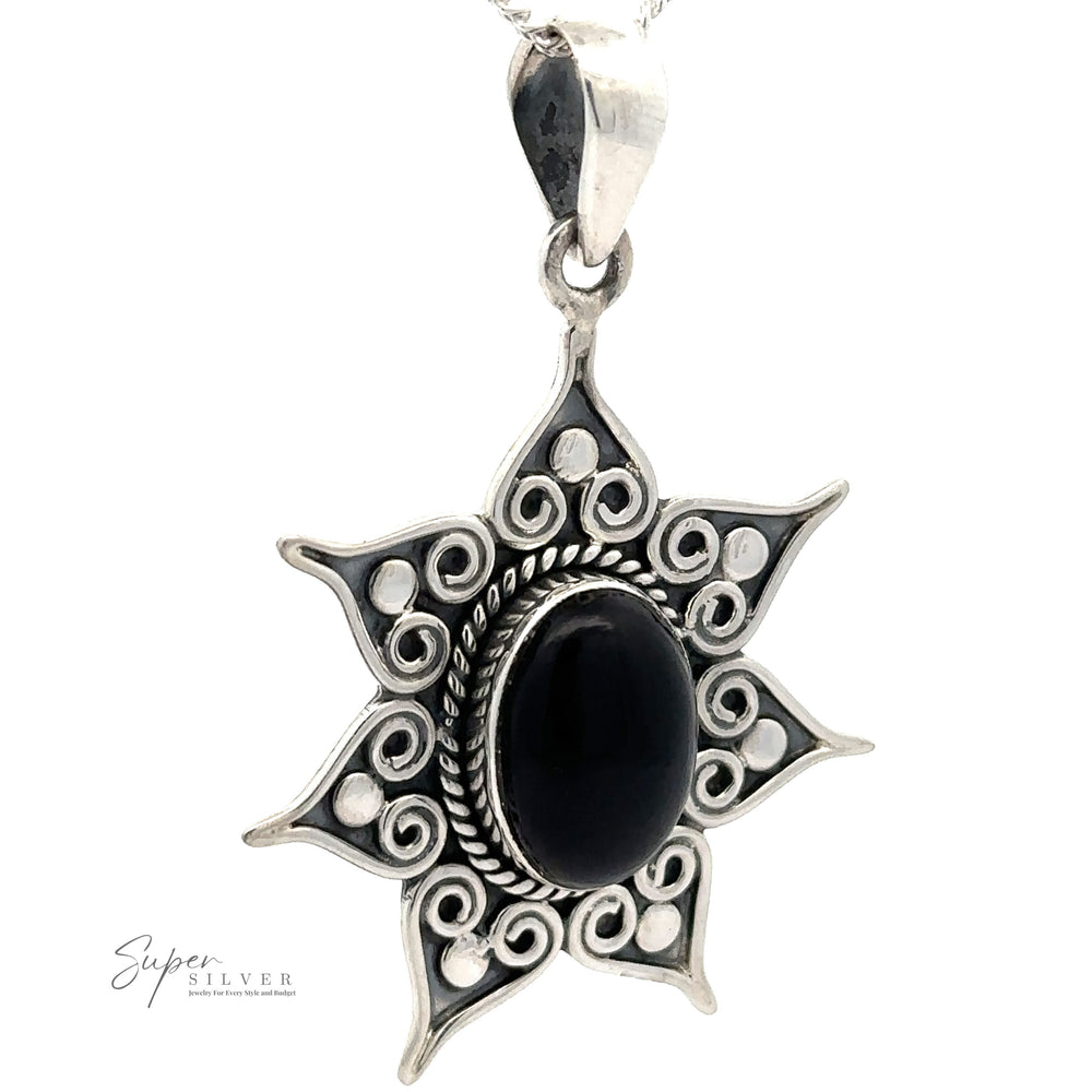 
                  
                    A Floral Design Gemstone Pendant with a sunburst design, featuring intricate swirls and a central black onyx gemstone. The logo "Super Silver" is visible in the bottom left corner.
                  
                