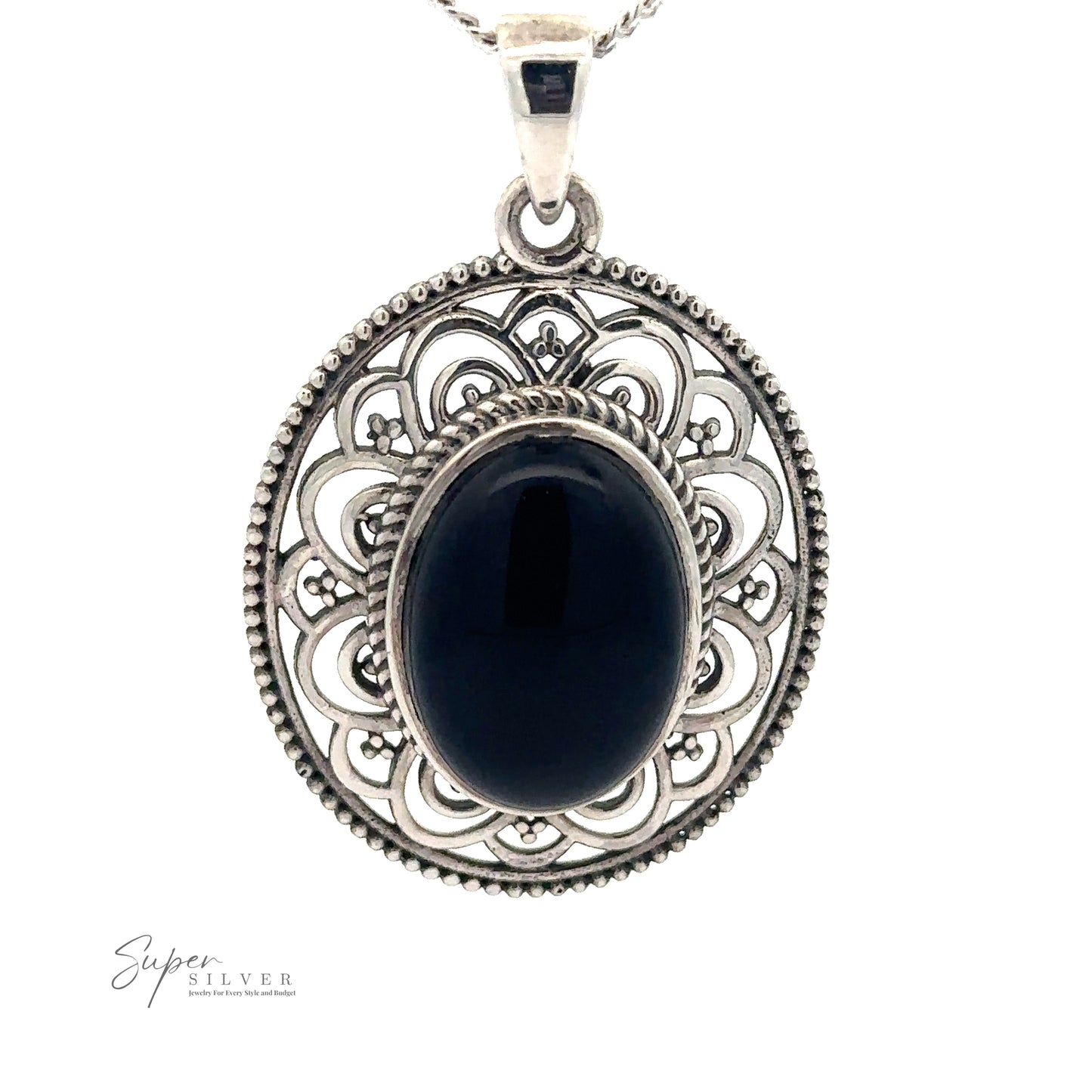 
                  
                    An Oval Stone Pendant with Filigree Border features an ornate filigree design with a large, polished labradorite center, hung on a thin sterling silver chain. The logo "Super Silver" is visible in the bottom left corner.
                  
                