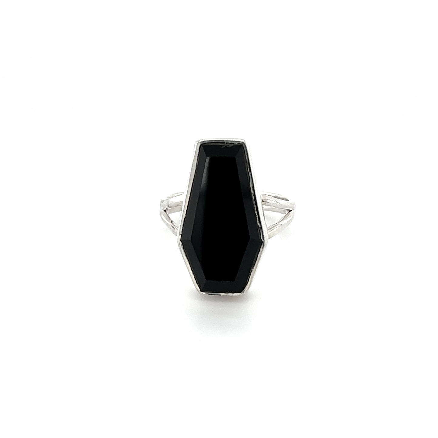 
                  
                    A Super Silver gothic mystique ring with a Faceted Onyx Coffin Ring design on a white background.
                  
                