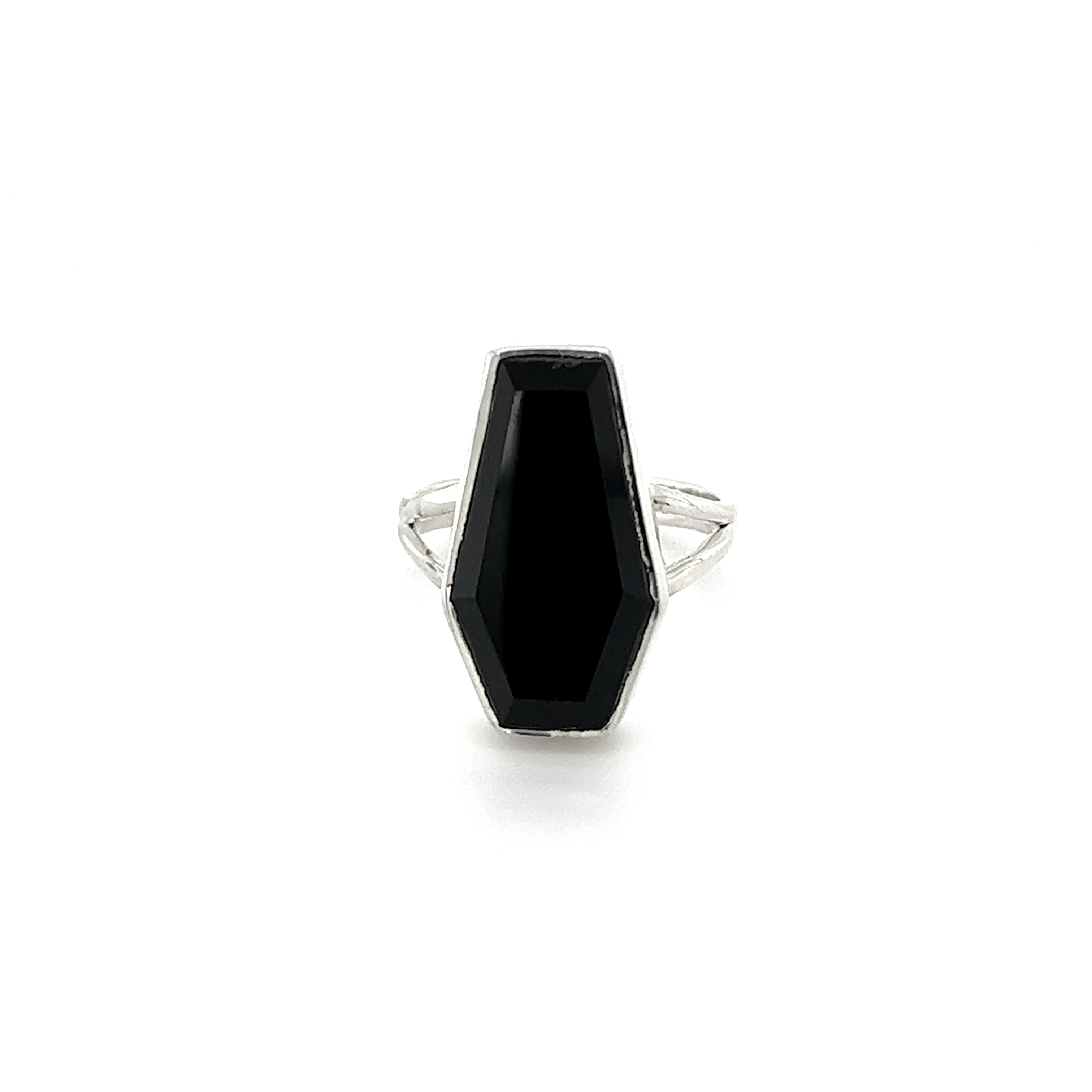 A Super Silver gothic mystique ring with a Faceted Onyx Coffin Ring design on a white background.