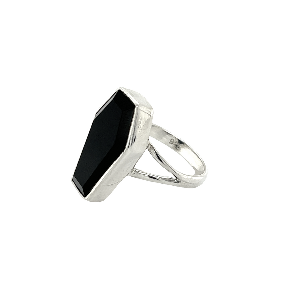 
                  
                    A Super Silver Faceted Onyx Coffin Ring on a white background.
                  
                