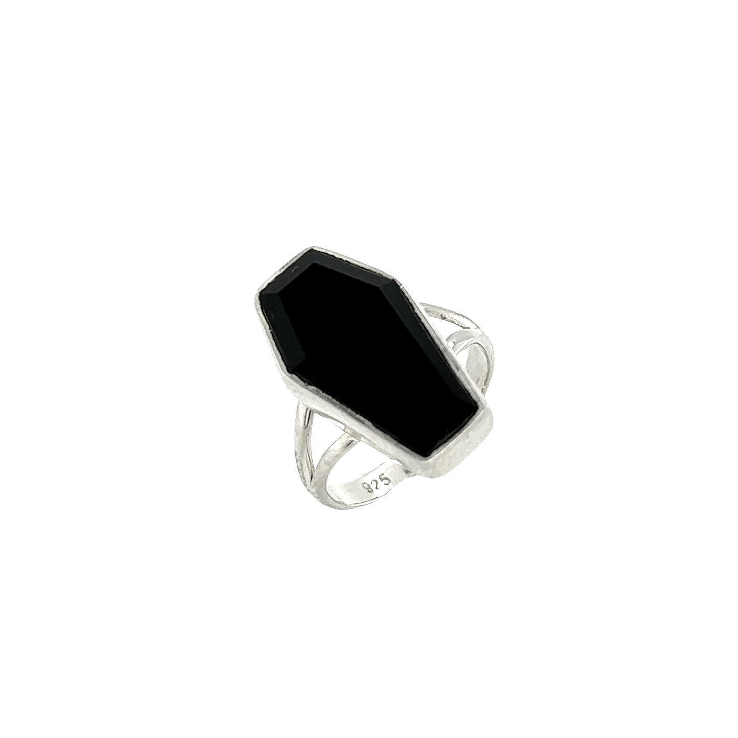 
                  
                    A Super Silver gothic mystique Faceted Onyx Coffin Ring glimmers on a white background, creating a spooky allure.
                  
                