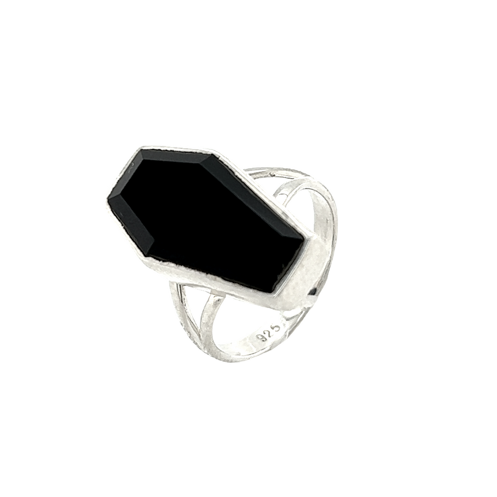 
                  
                    A spooky Super Silver Faceted Onyx Coffin Ring on a white background with gothic mystique.
                  
                