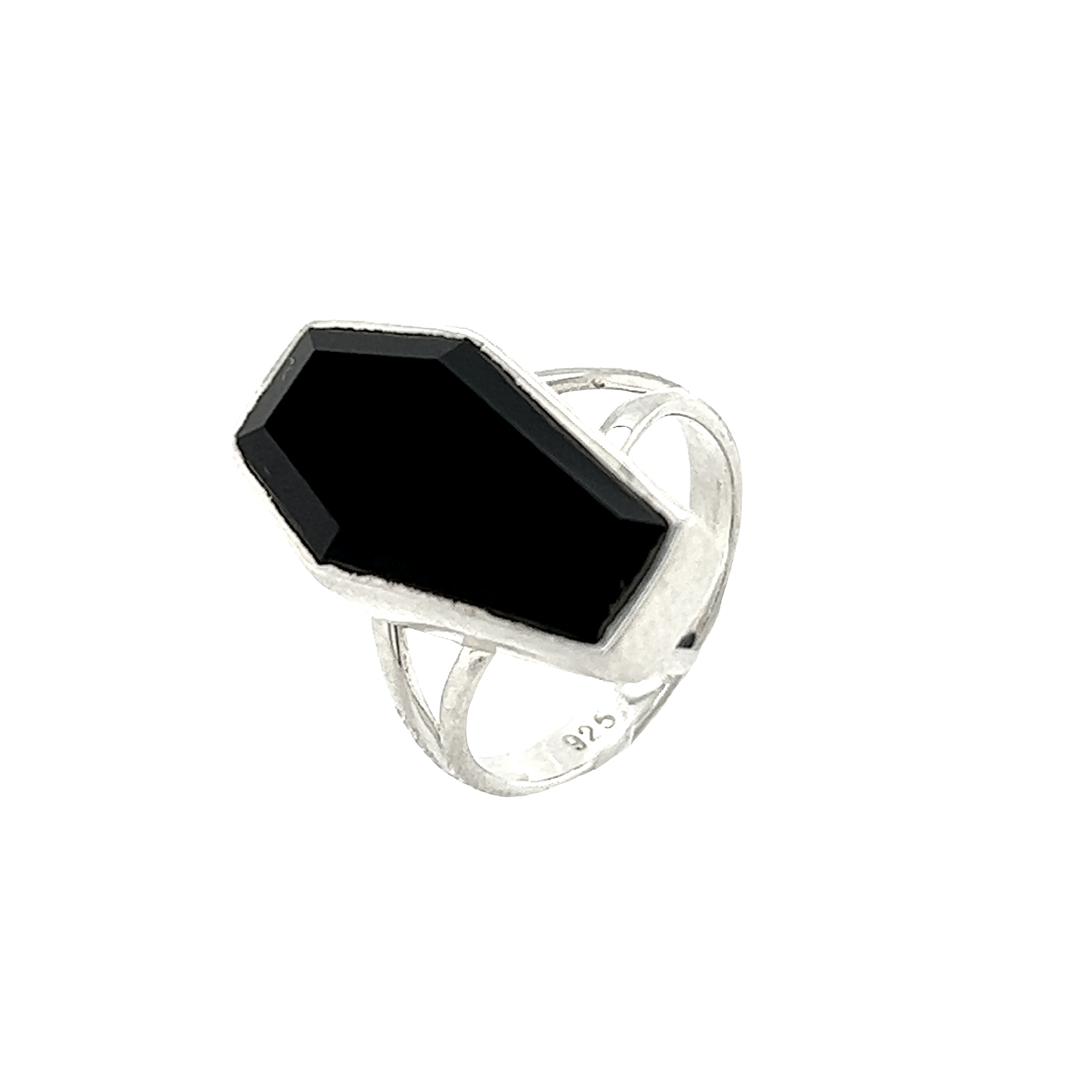 A spooky Super Silver Faceted Onyx Coffin Ring on a white background with gothic mystique.