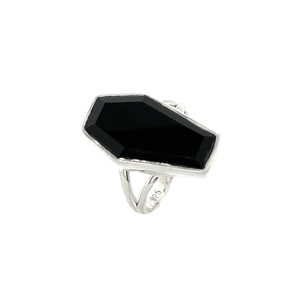 
                  
                    A spooky Faceted Onyx Coffin Ring by Super Silver on a white background with gothic mystique.
                  
                