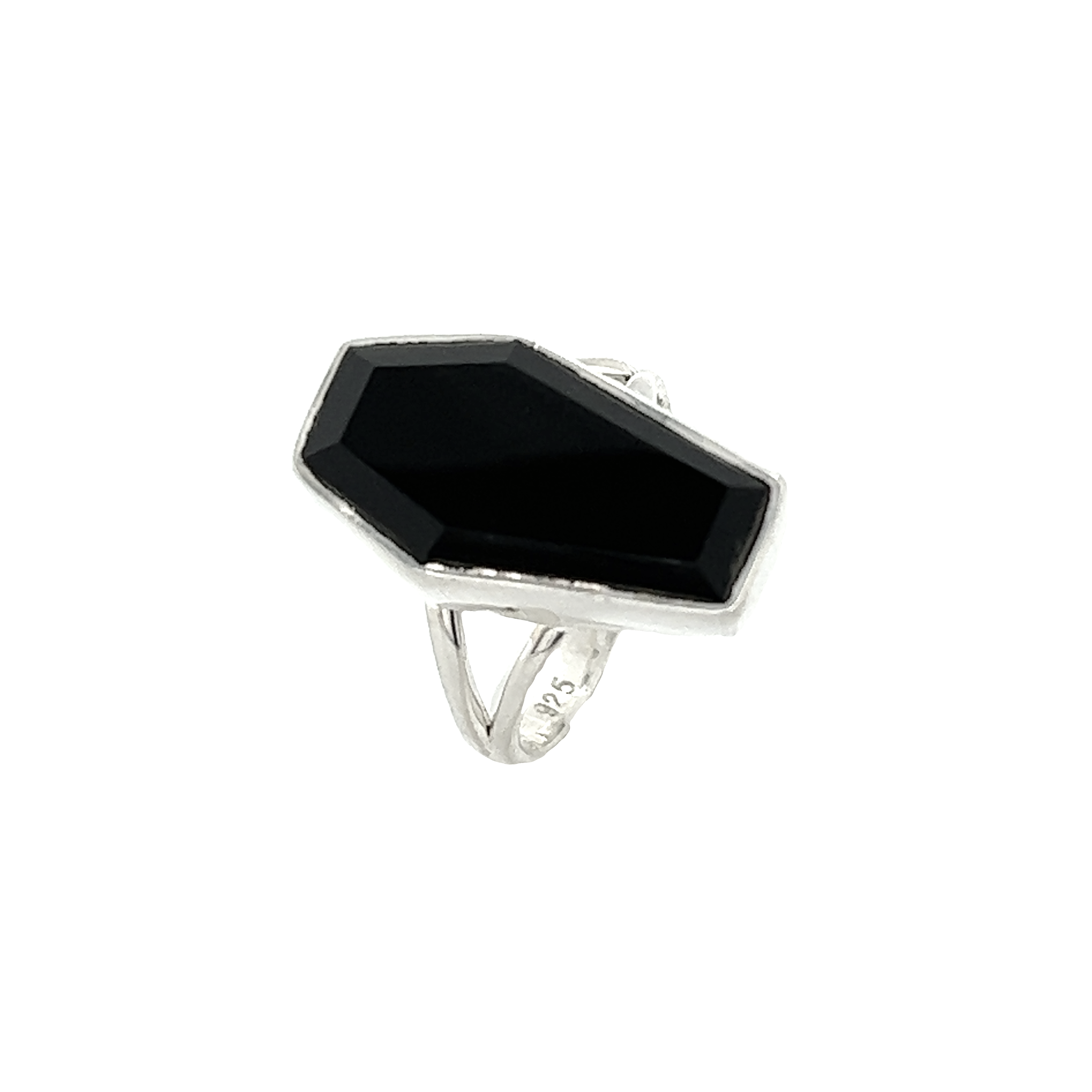 A spooky Faceted Onyx Coffin Ring by Super Silver on a white background with gothic mystique.