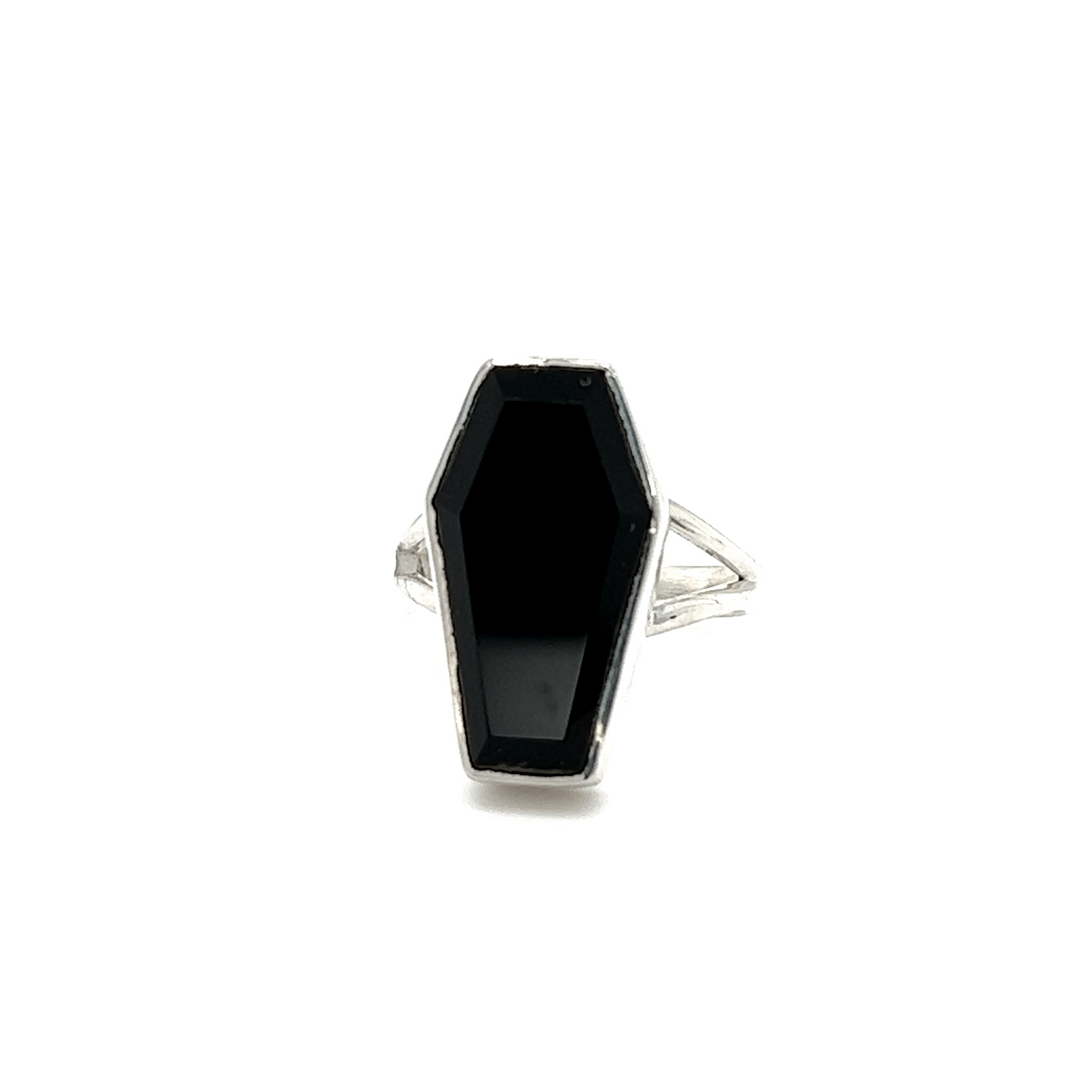 
                  
                    A spooky, gothic mystique Super Silver Faceted Onyx Coffin Ring on a white background.
                  
                