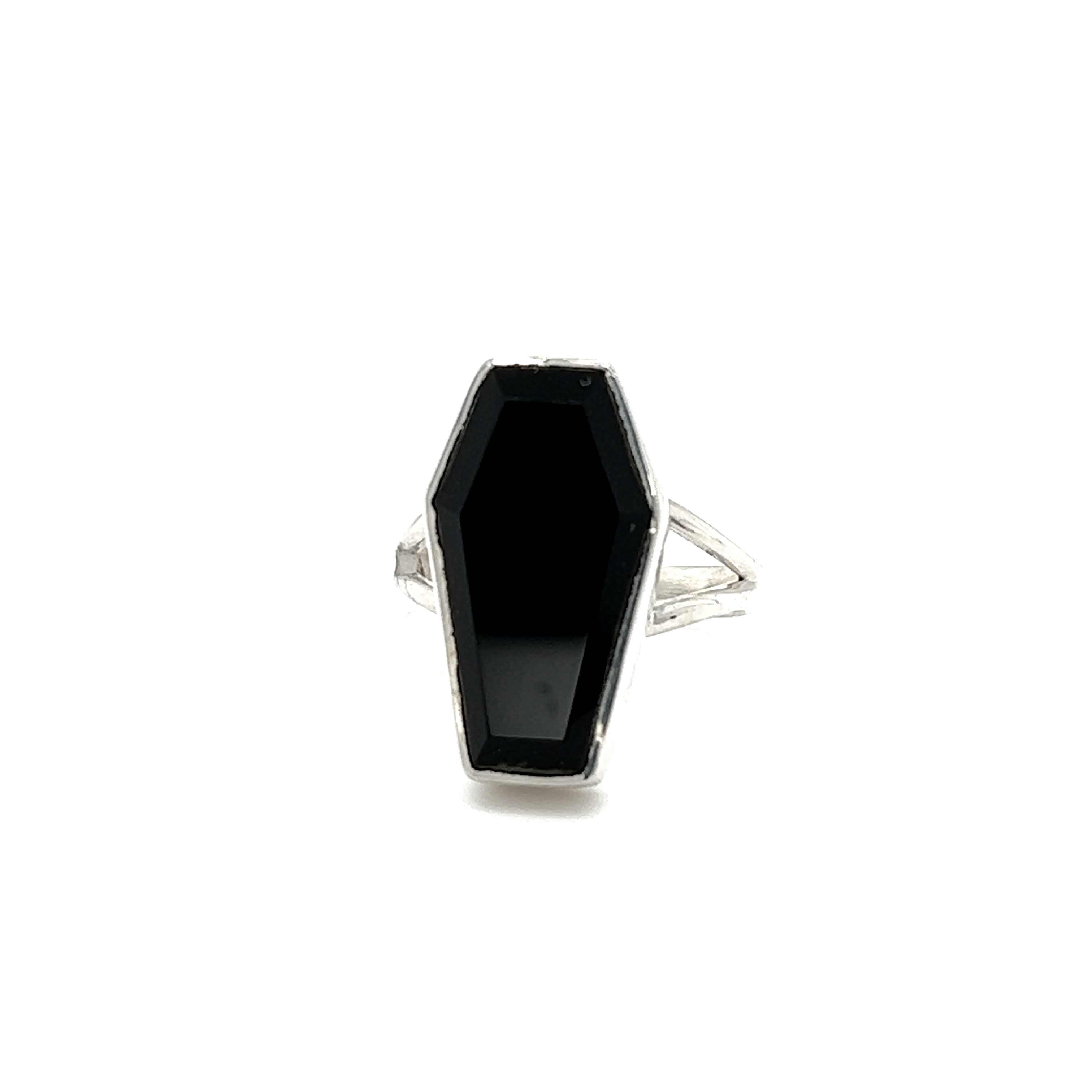 A spooky, gothic mystique Super Silver Faceted Onyx Coffin Ring on a white background.