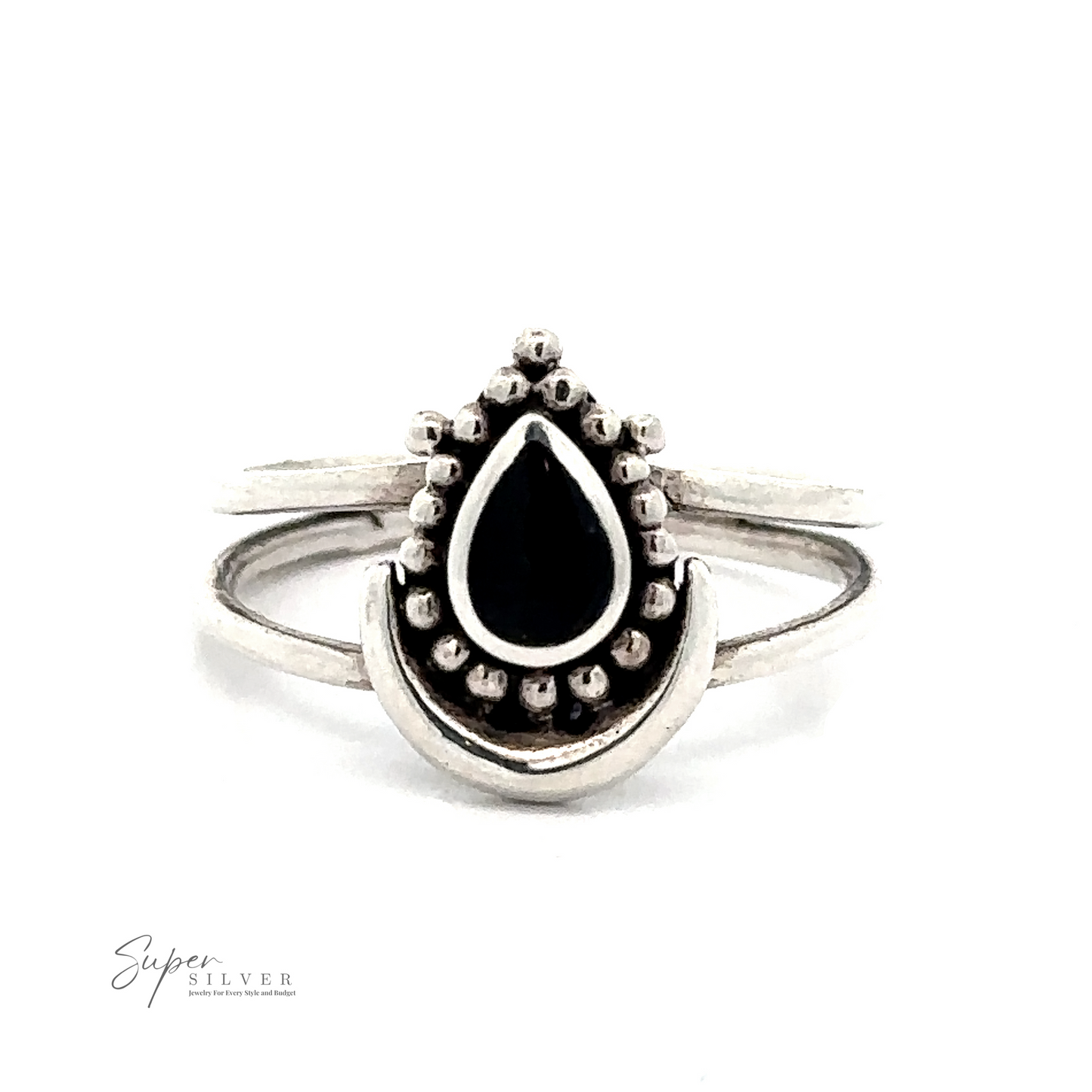 
                  
                    A silver ring with a black teardrop-shaped central gem surrounded by small silver beads on a white background. The words "Teardrop Ring With Inlaid Stone and Crescent Moon" are visible in the bottom left corner, showcasing intricate Bali-inspired silverwork.
                  
                