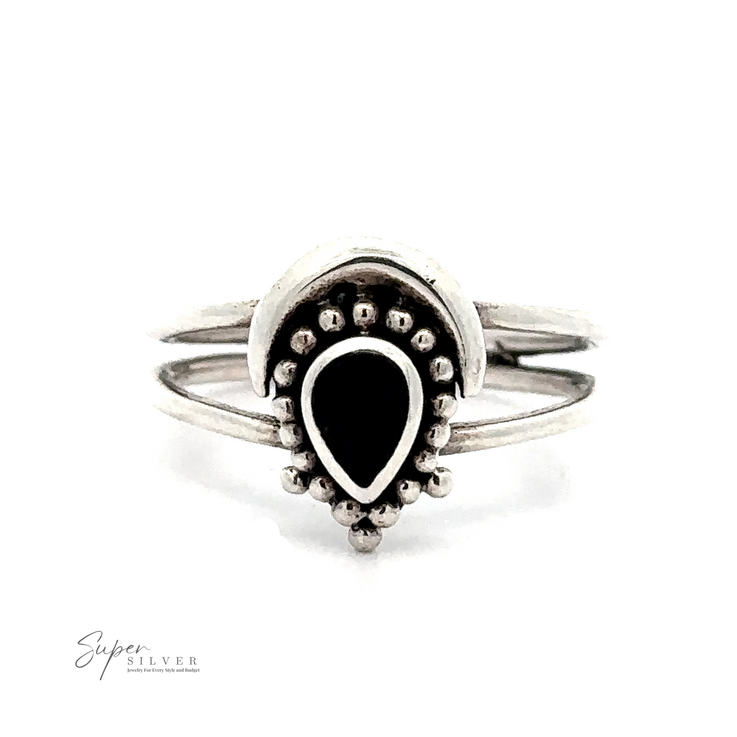 
                  
                    Teardrop Ring With Inlaid Stone and Crescent Moon with a black teardrop-shaped gemstone, surrounded by small silver beads. This bohemian ring features a twin band design and exceptional silverwork jewelry craftsmanship, complete with a "Super Silver" logo in the bottom left corner.
                  
                