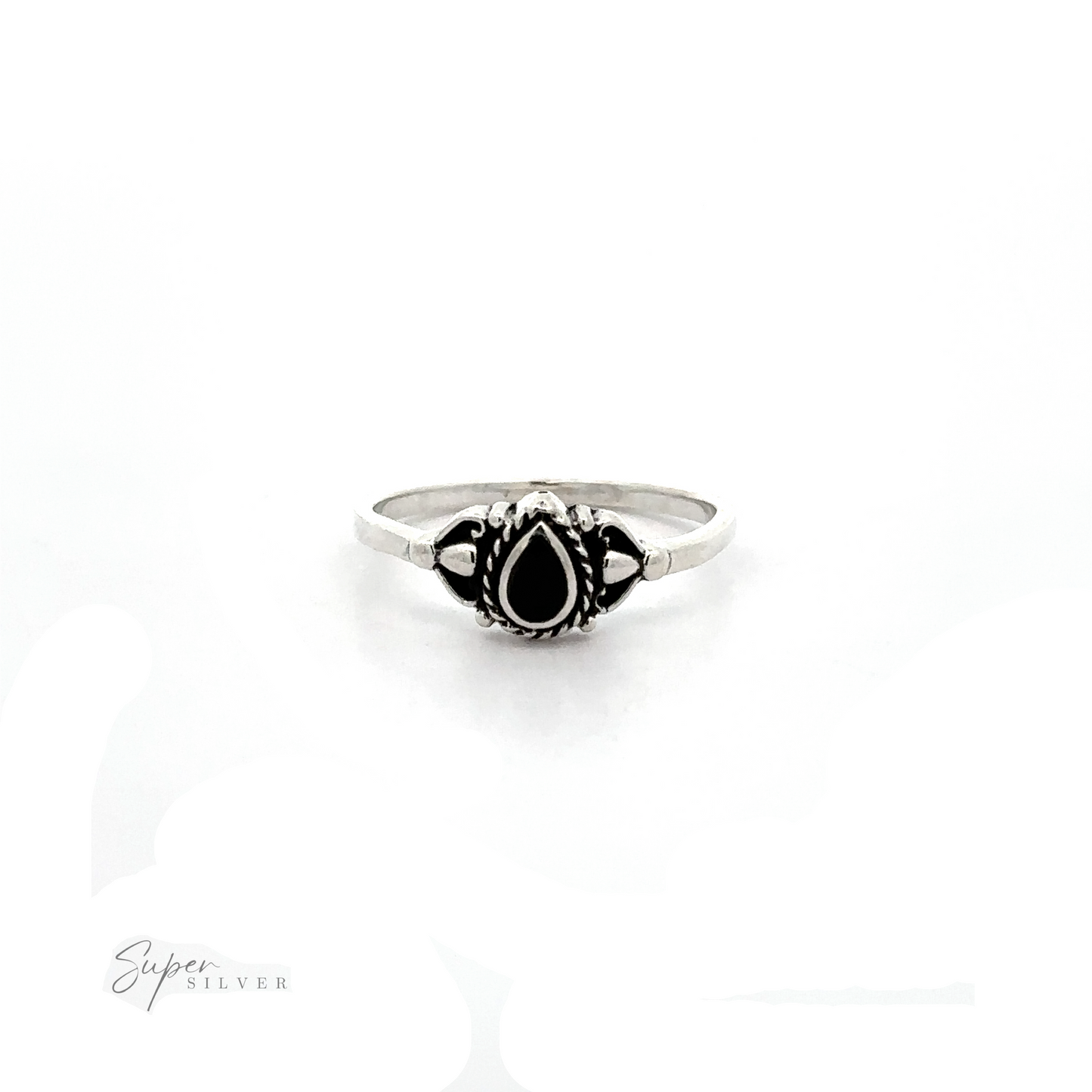 
                  
                    A Delicate Teardrop Inlay Stone Ring with Vintage Look with an inlaid black stone.
                  
                