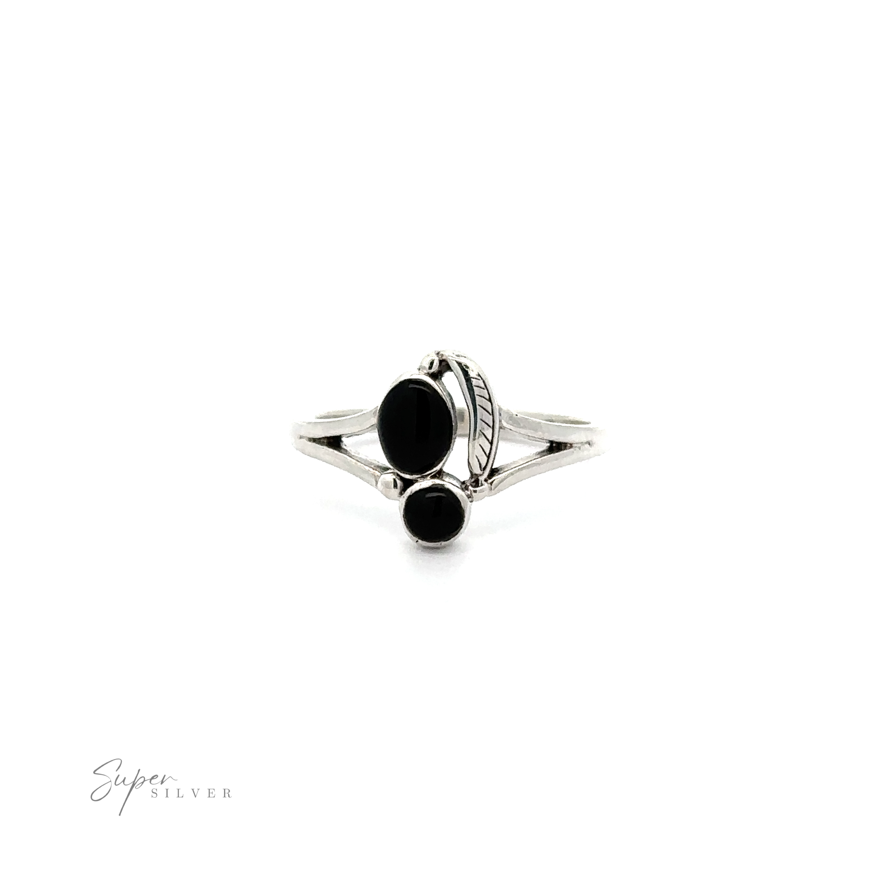 An inlaid sterling silver Stone and Feather Ring with black stones.