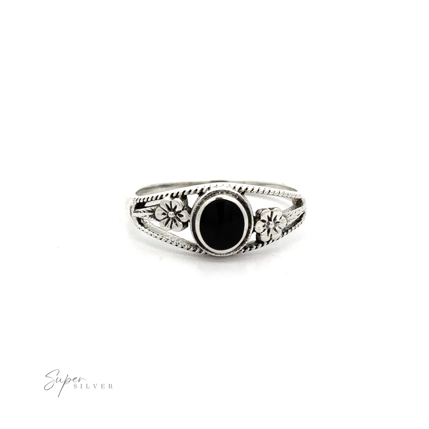 
                  
                    An Inlay Stone Ring with Flower and Rope Design with a black onyx center stone.
                  
                