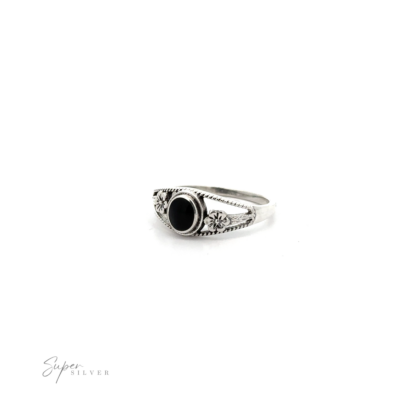 
                  
                    An Inlay Stone Ring with Flower and Rope Design with a center onyx stone.
                  
                