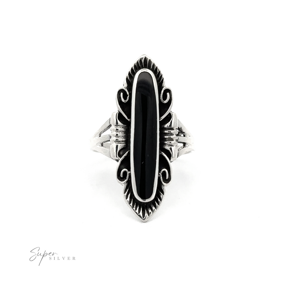 
                  
                    An Elegant Southwest Inspired Ring with Inlaid Stone featuring an inlaid black onyx stone.
                  
                