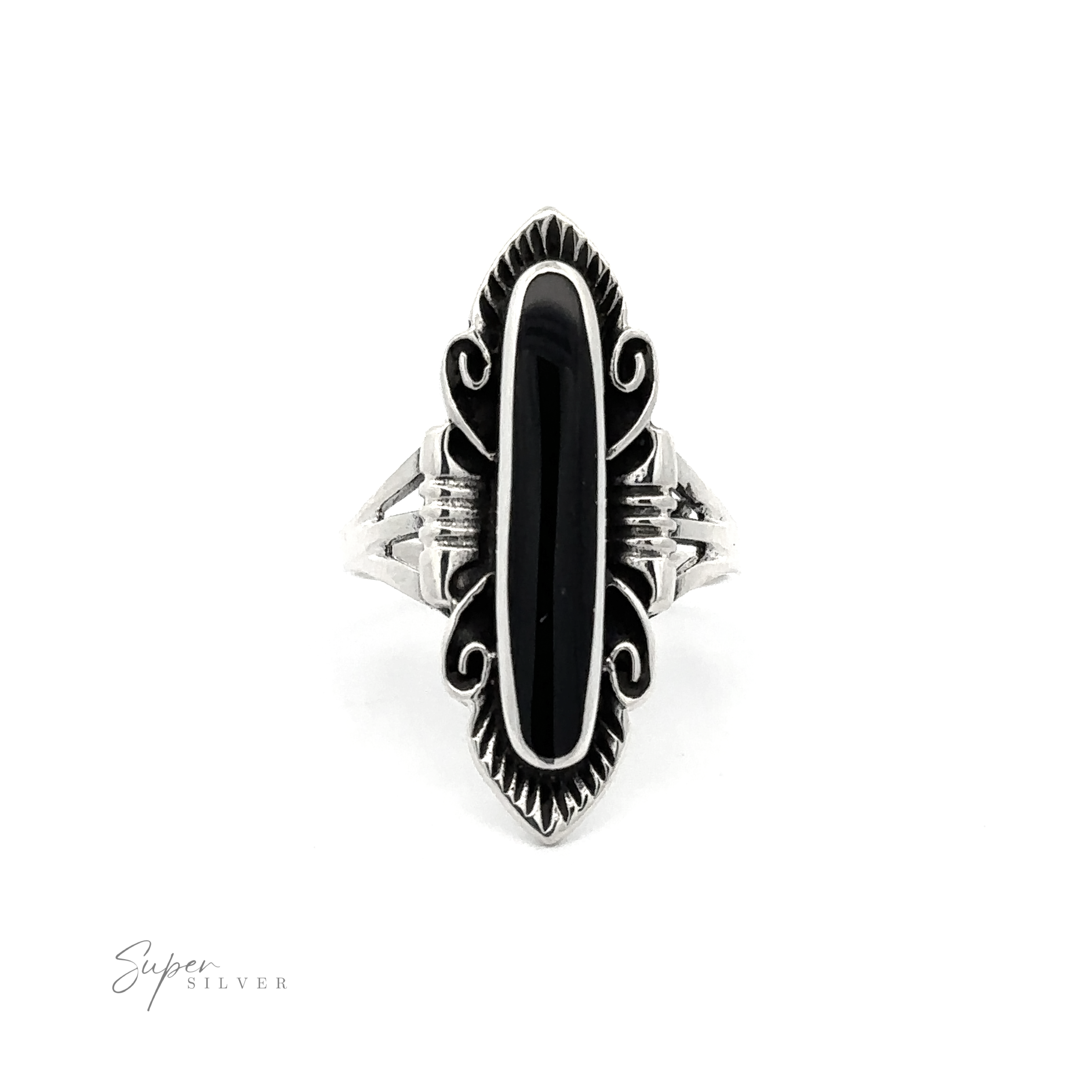 An Elegant Southwest Inspired Ring with Inlaid Stone featuring an inlaid black onyx stone.