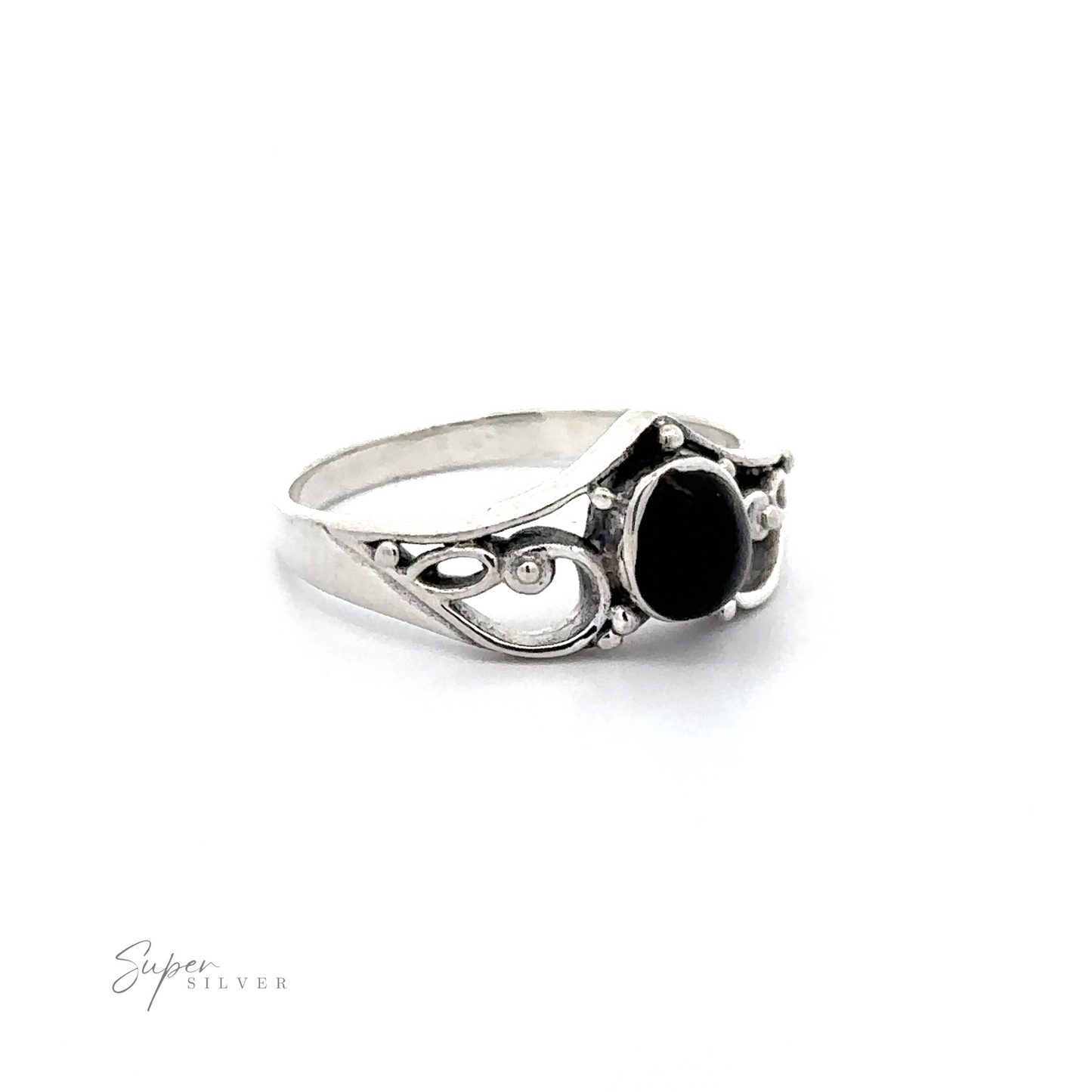 
                  
                    The Filigree Crown Ring with Inlaid Oval Stone exudes a vintage vibe with its exquisite silver band and black stone option.
                  
                