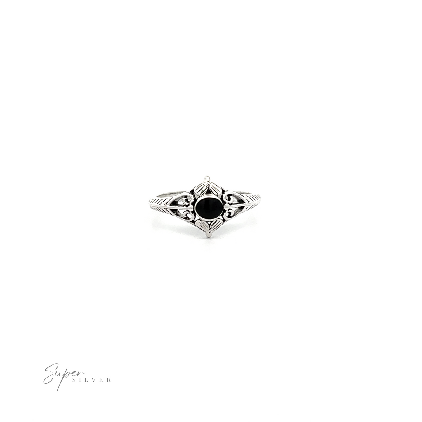 
                  
                    A sterling silver Inlaid Stone Diamond Shaped Ring with Filigree Accents.
                  
                