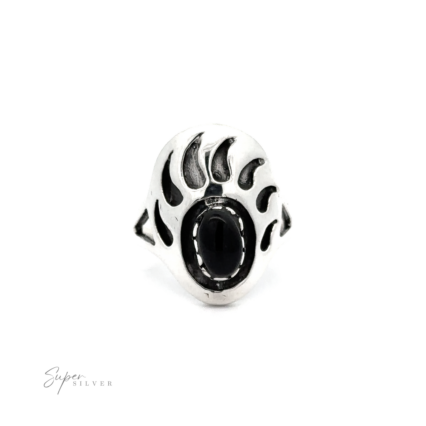 
                  
                    A sleek silver Stone Bear Paw Ring with a black and white design, inspired by the wild.
                  
                