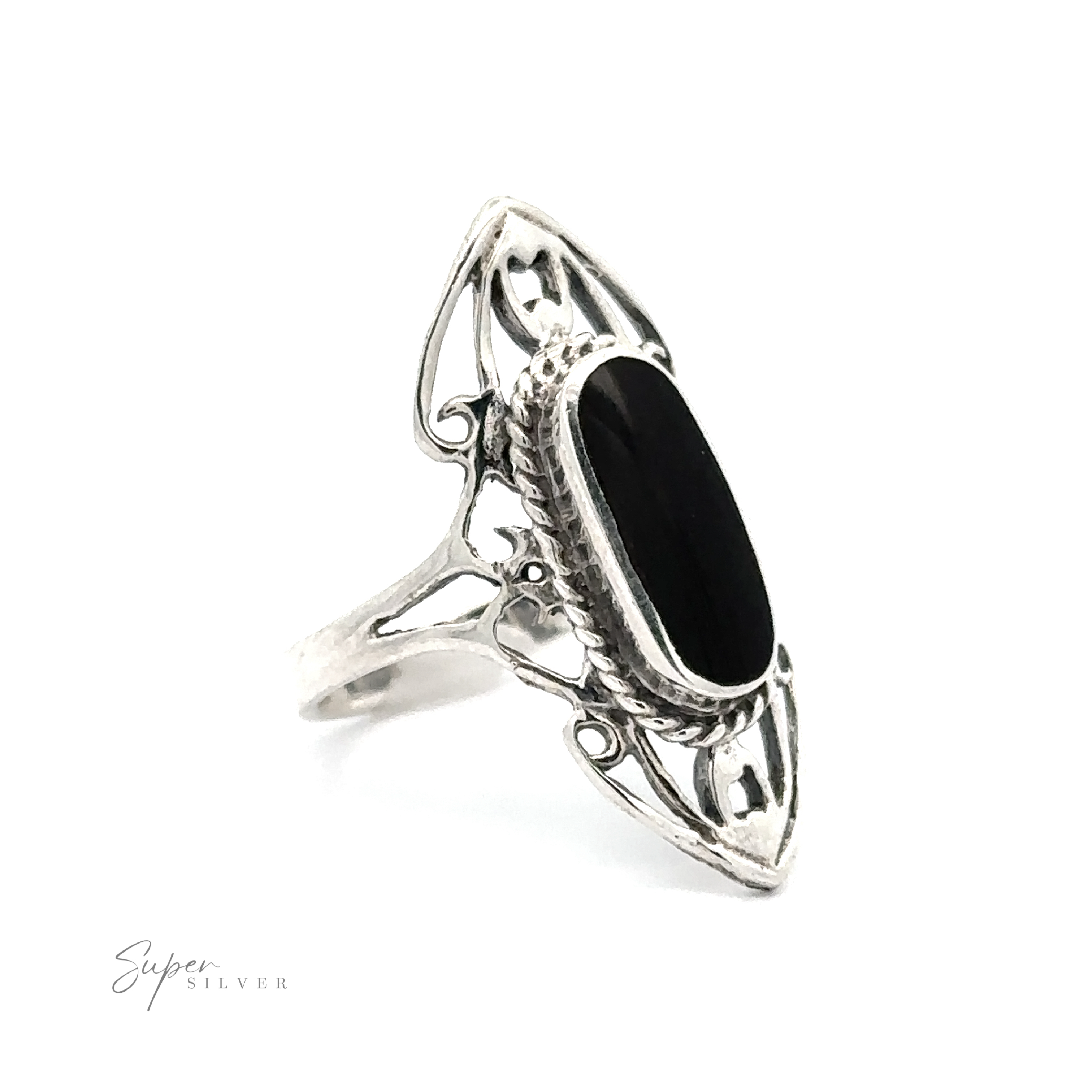 Elongated Filigree Ring With Oval Inlaid Stone with an intricate open filigree metalwork and elongated black gemstone.