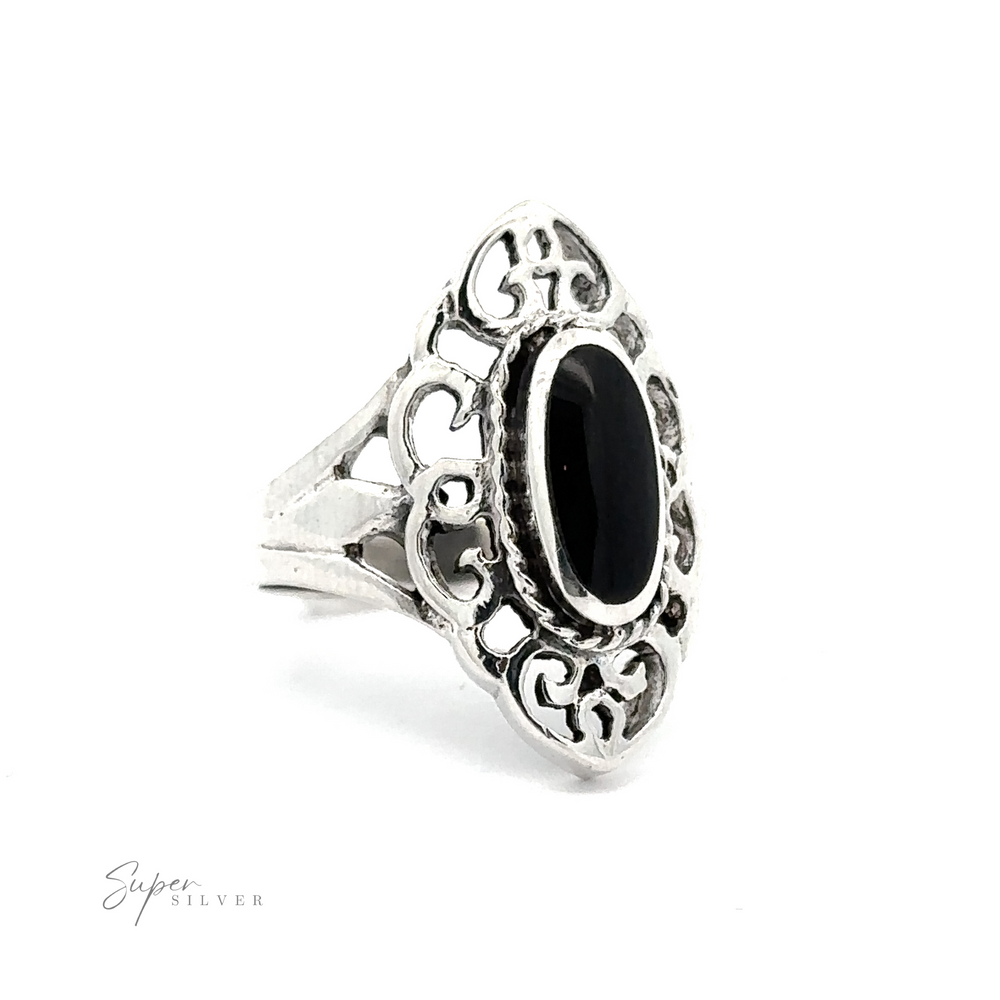 
                  
                    Marquise Filigree Inlay Stone Ring with intricate filigree design and an oval black stone centerpiece, embodying bohemian elegance.
                  
                