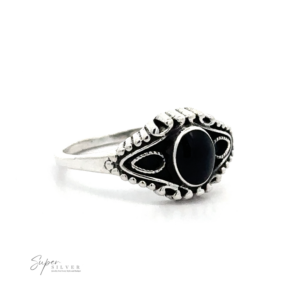 
                  
                    Vintage Style Ring With Inlaid Oval Stone with an ornate band and a central black gemstone, crafted in .925 Sterling Silver, displayed against a plain white background. "Super Silver" logo is visible in the lower left corner.
                  
                