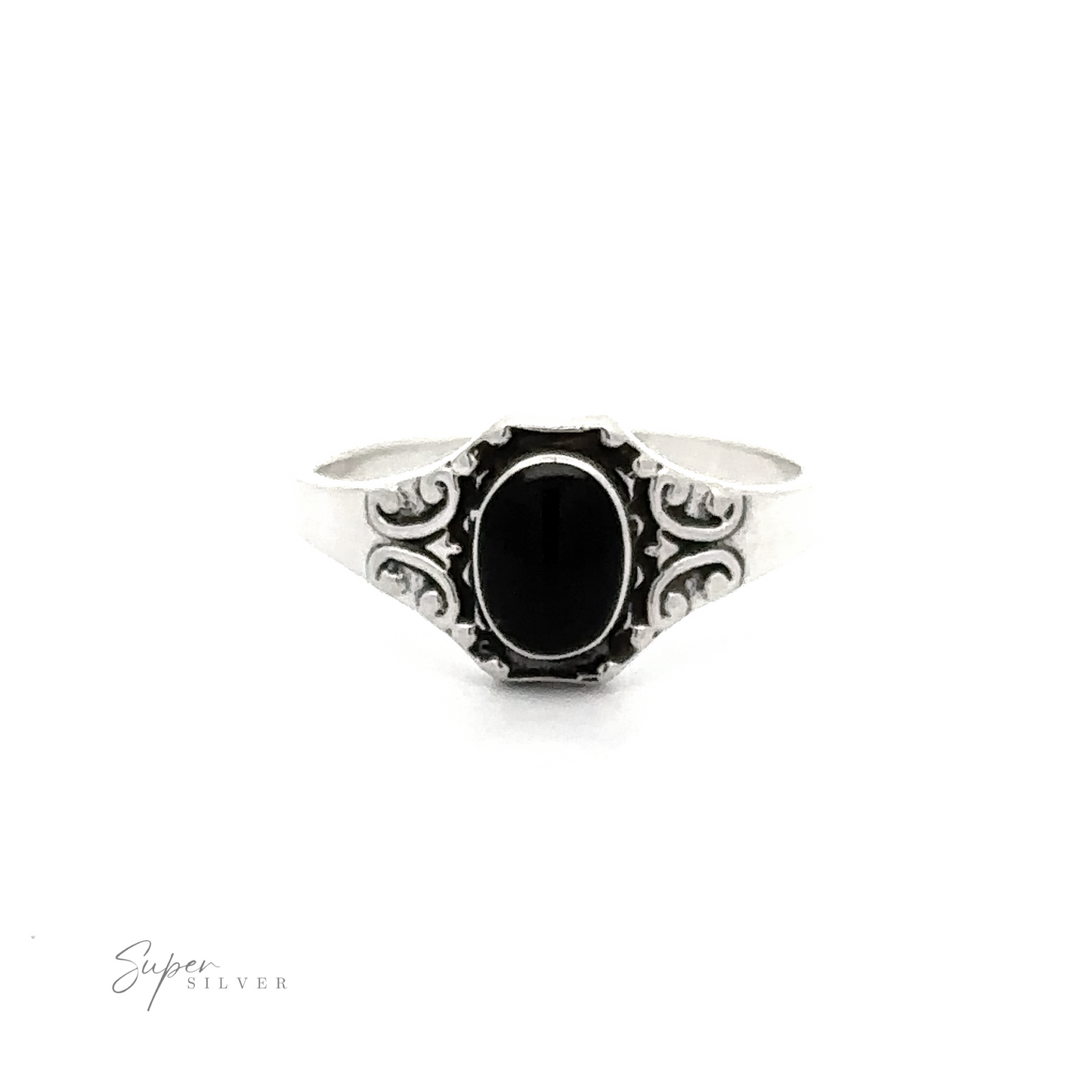 
                  
                    An Oval Inlay Stone ring with an antiqued filigree design.
                  
                