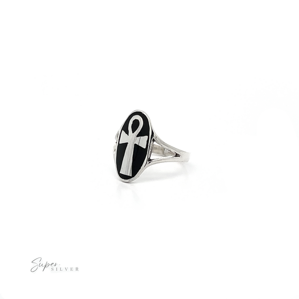 
                  
                    A Sterling Silver Ankh Ring With Stone on a white background.
                  
                