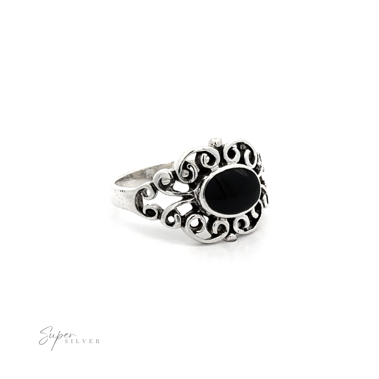 
                  
                    A Victorian Filigree Inlay Stone Ring with a black stone.
                  
                