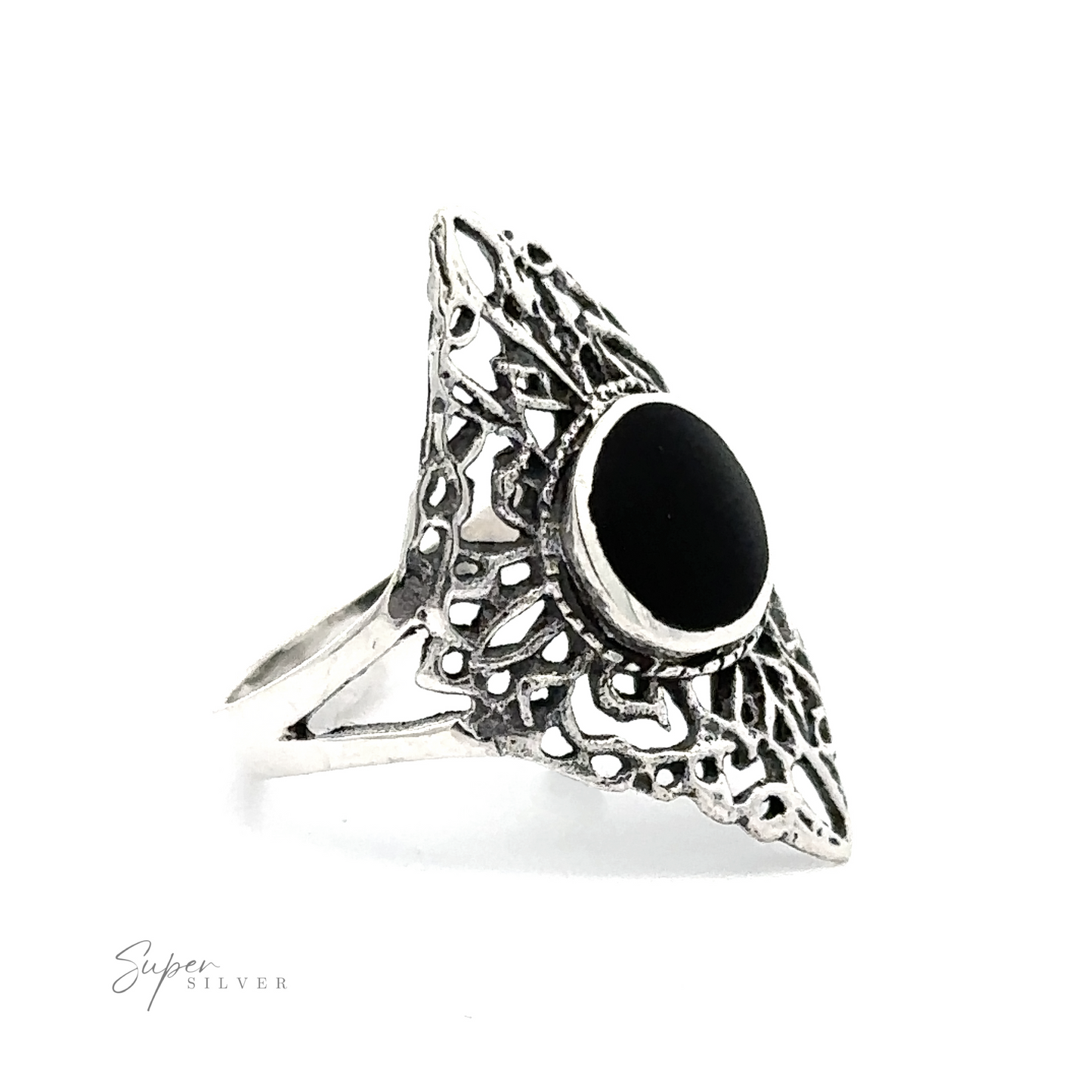 
                  
                    A Diamond Shaped Filigree ring with a round inlaid stone.
                  
                