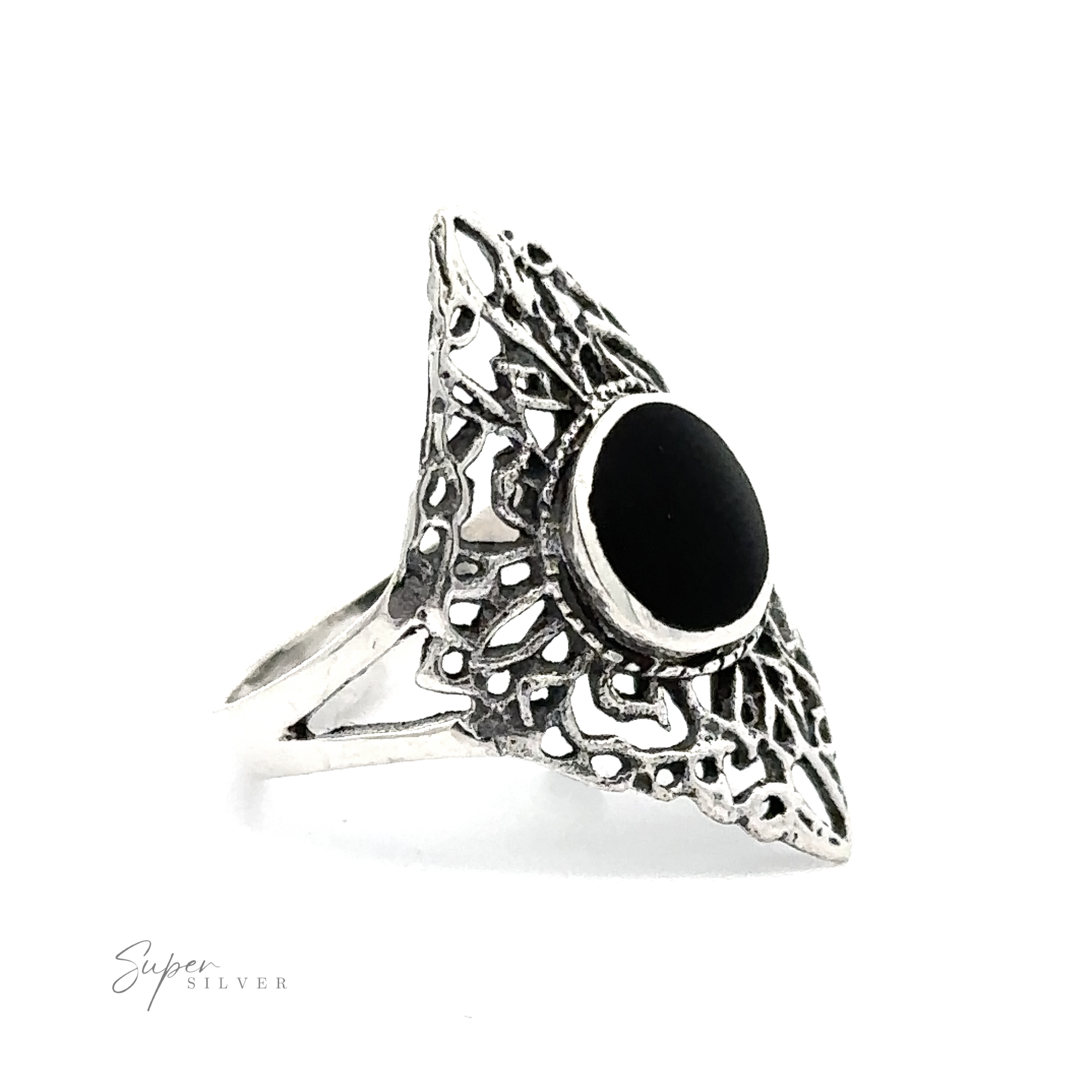 A Diamond Shaped Filigree ring with a round inlaid stone.