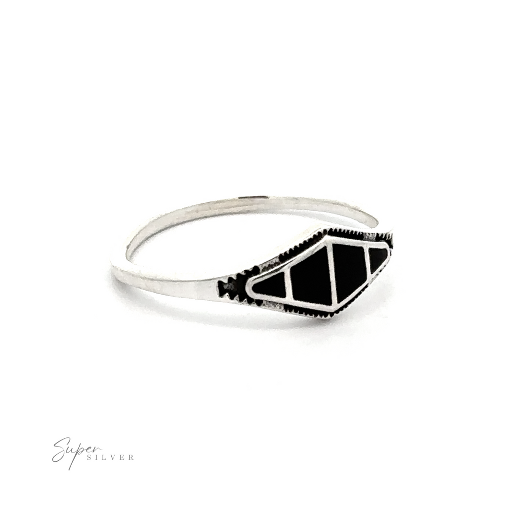 
                  
                    A contemporary Diamond Shape Sectioned Stone Ring with a black and white geometric design.
                  
                