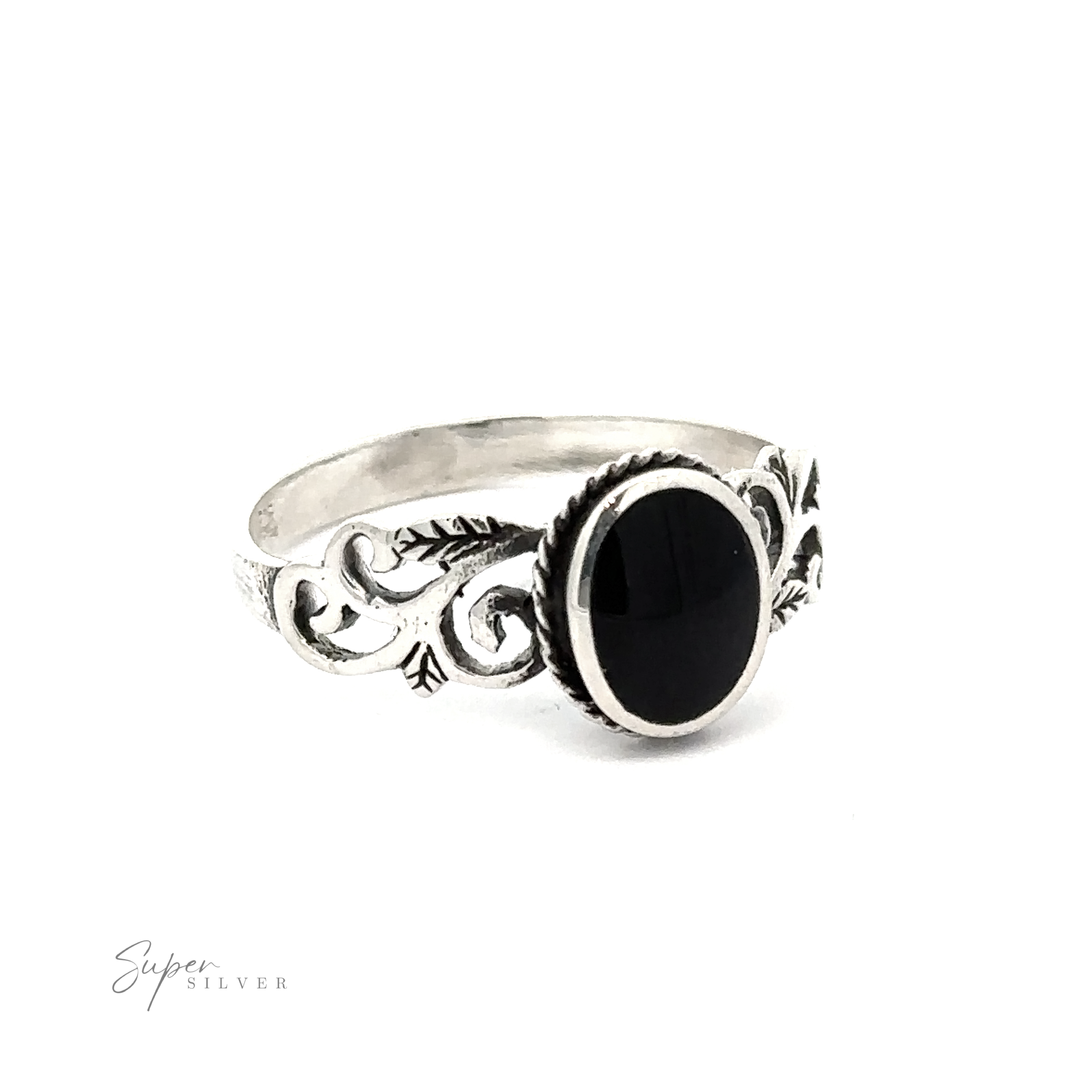 A silver Oval Inlaid Ring with Swirls and Leaf Detailing.