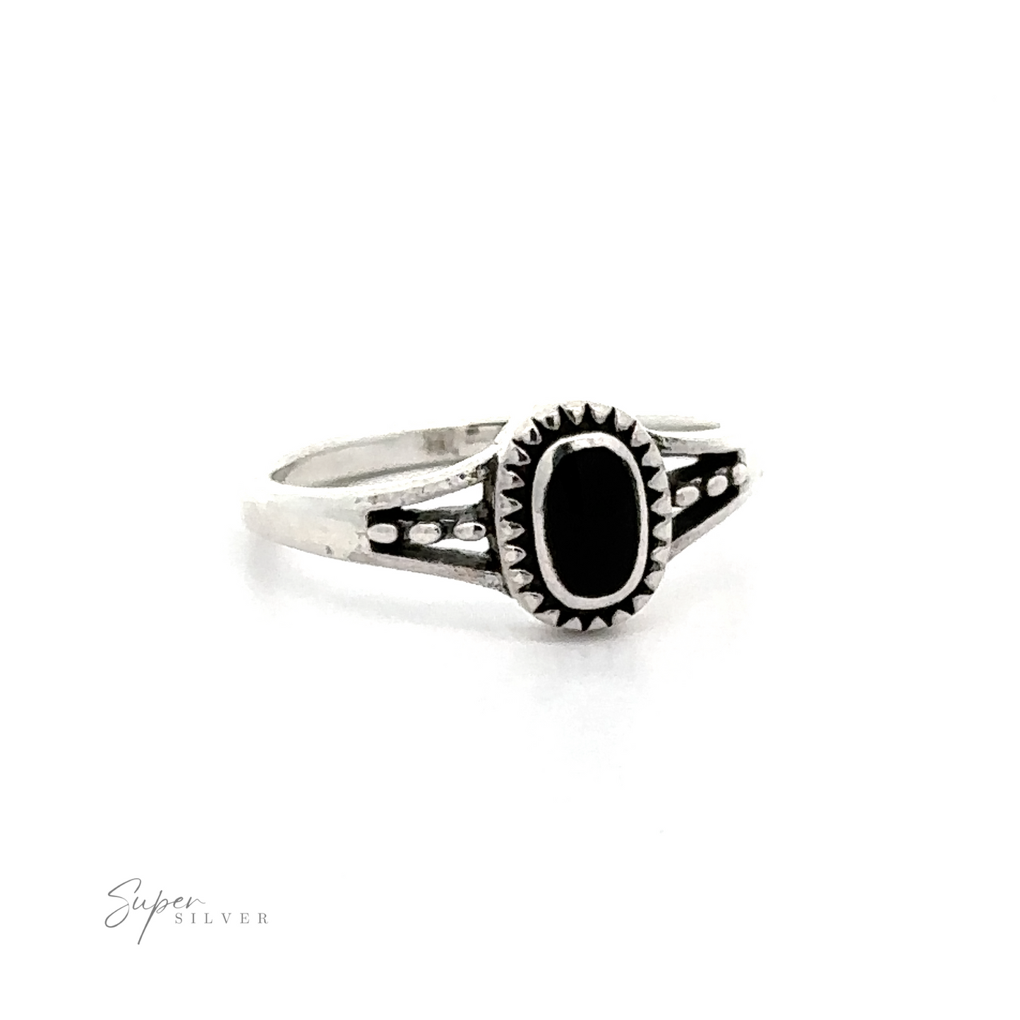 
                  
                    An Inlay Stone Ring with Split Shank Design in silver and a black oval stone.
                  
                
