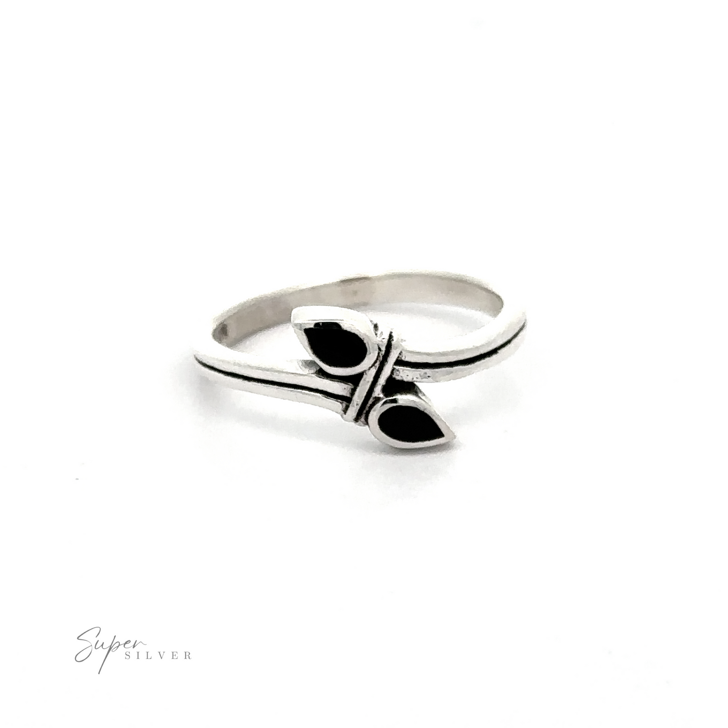 
                  
                    A sterling silver Inlay Teardrop Ring with black stones.
                  
                