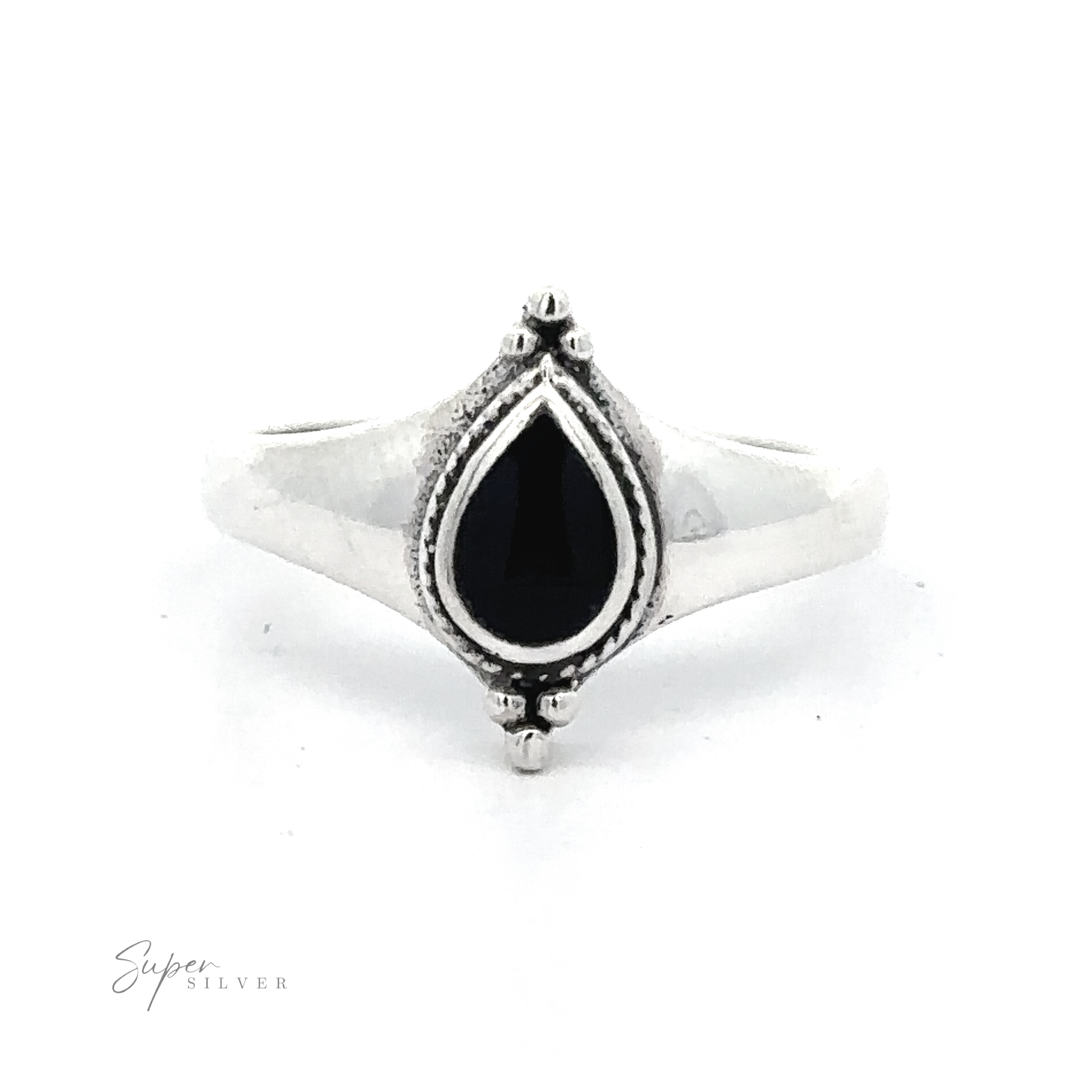 Silver ring with a Teardrop Inlay Shield Ring set in a detailed bezel, crafted as bohemian jewelry.
