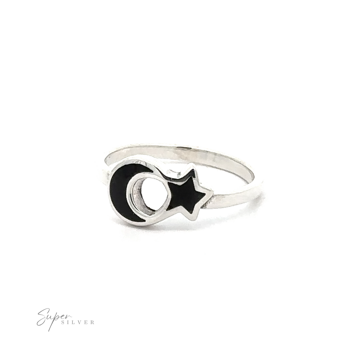 
                  
                    A Crescent Moon And Star Ring with Inlaid Stone featuring a crescent moon and star design, inlaid with stones.
                  
                