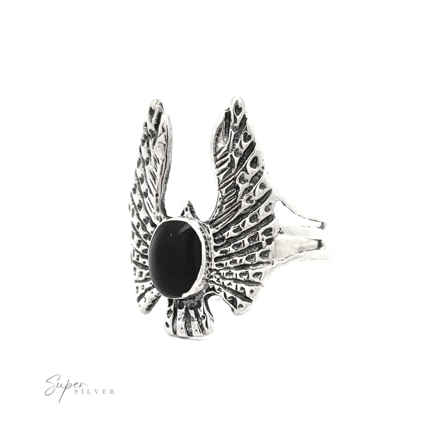 
                  
                    Inlaid Stone Ring with Eagle Wings designed as two eagle wings embracing a black stone, displayed against a white background with a "super silver" watermark.
                  
                