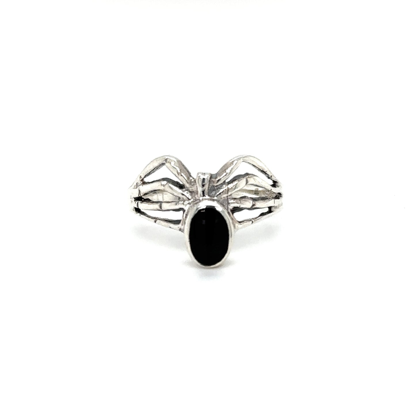 
                  
                    A Super Silver Inlay Stone Spider Ring with a black stone in the middle.
                  
                