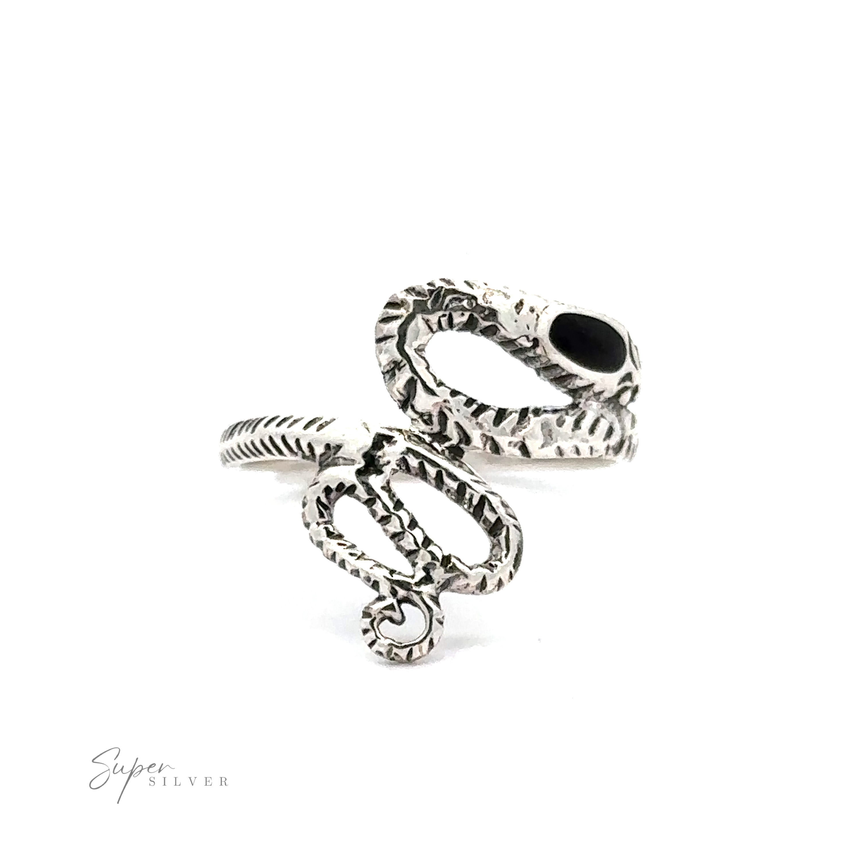 The Inlay Stone Snake Rings showcase a gothic silver snake design against a white background, radiating an air of dark elegance.