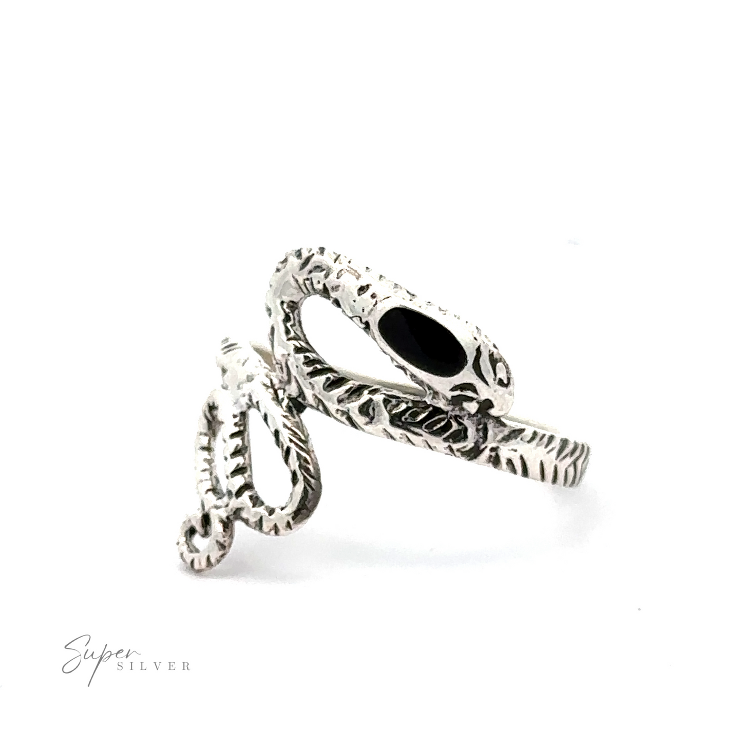 
                  
                    Inlay Stone Snake Rings feature a silver gothic design adorned with textured details for a touch of dark elegance, highlighted by black gemstone eyes set against a white background.
                  
                