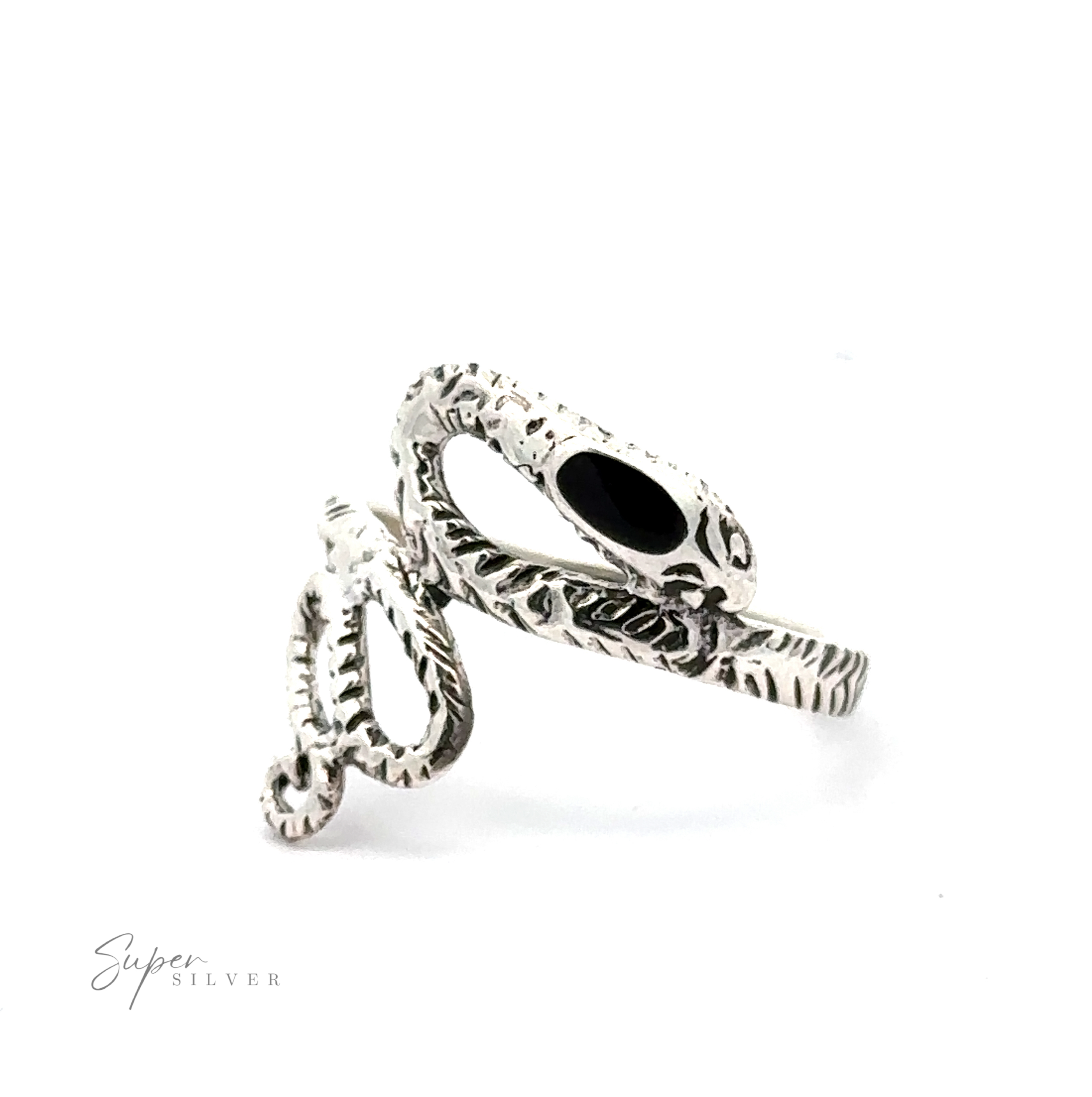 Inlay Stone Snake Rings feature a silver gothic design adorned with textured details for a touch of dark elegance, highlighted by black gemstone eyes set against a white background.