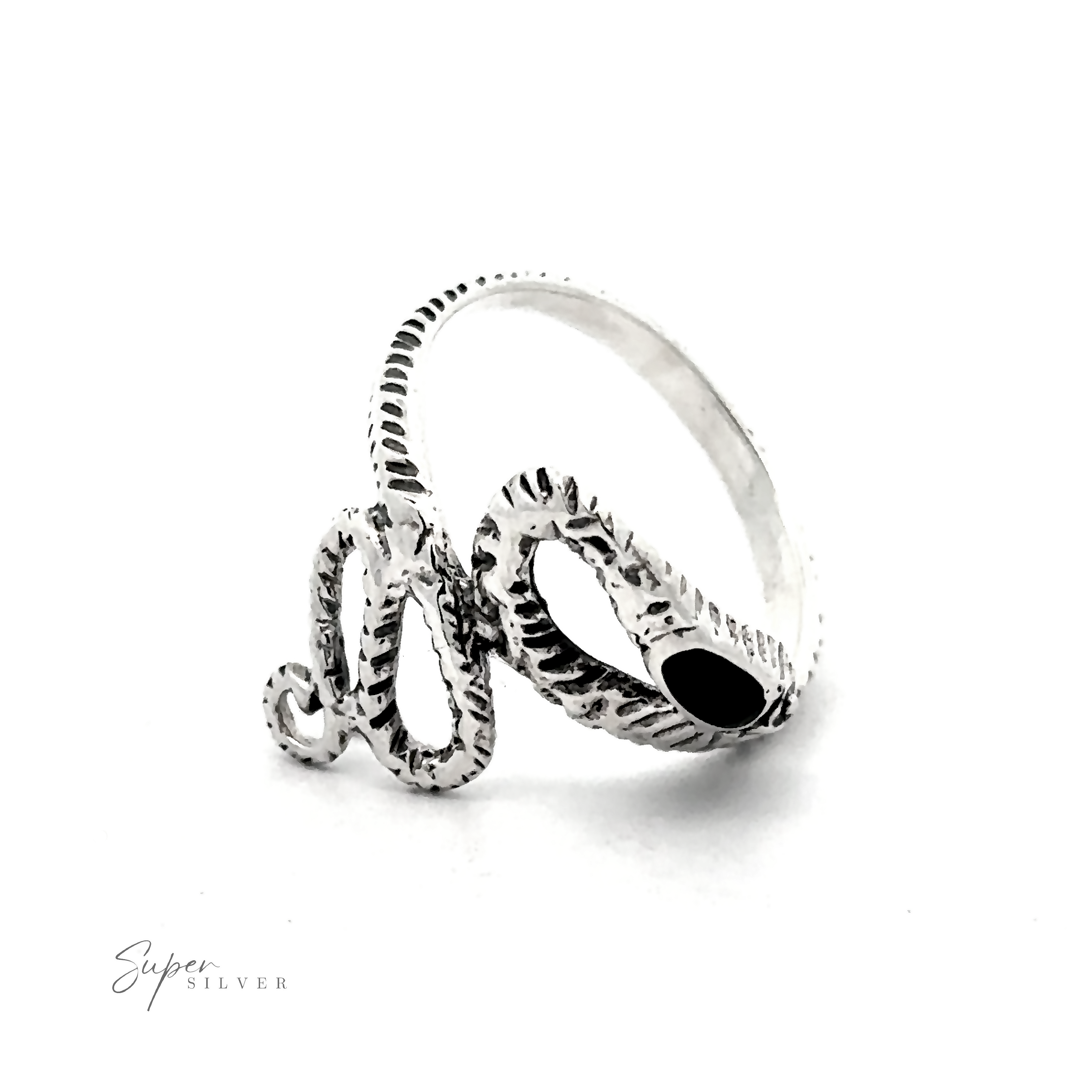 This Inlay Stone Snake Ring, made of sterling silver, showcases intricate engraved details on a white background.