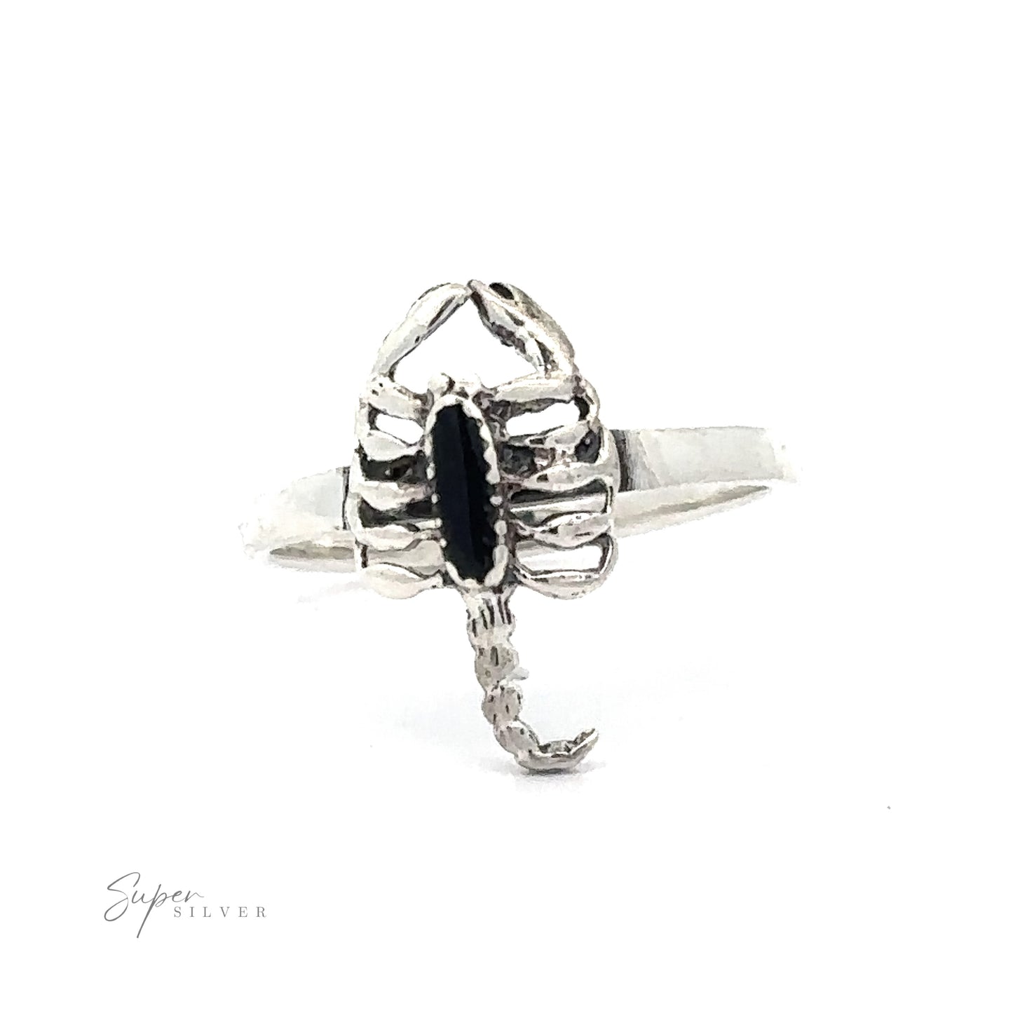 
                  
                    Small Scorpion Ring with Inlaid Stone with a black gemstone on a white background.
                  
                