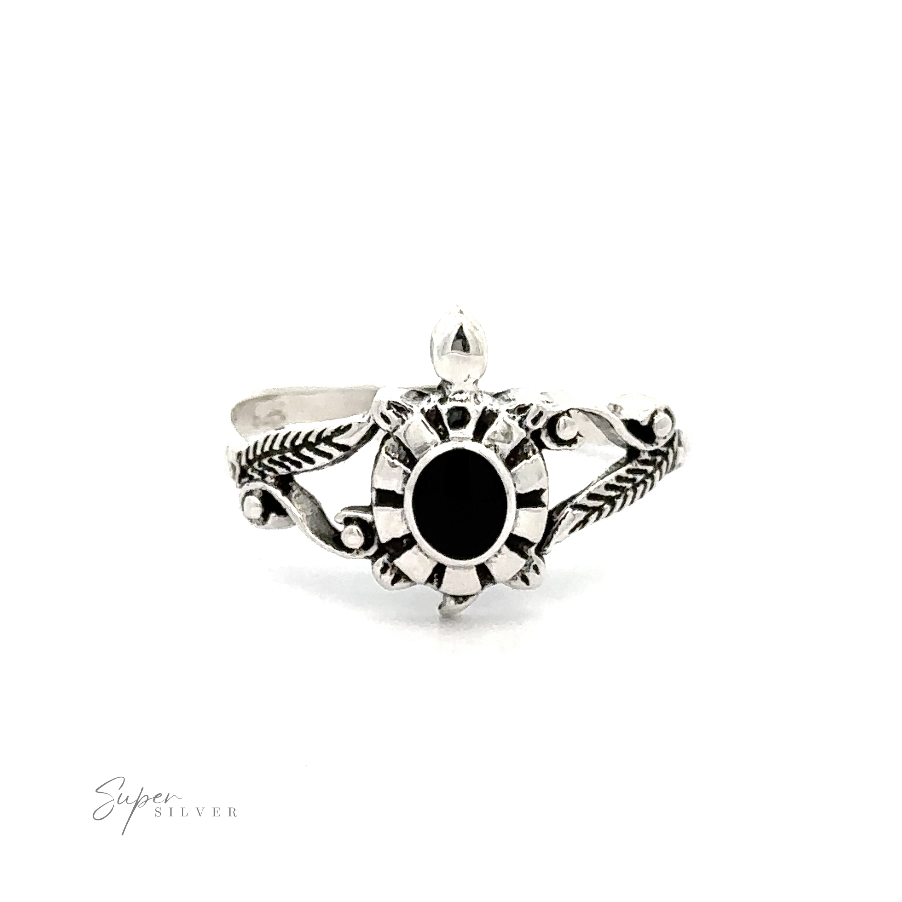 A Inlay Stone Turtle Ring with Leaf Detailing with an inlaid black onyx stone.