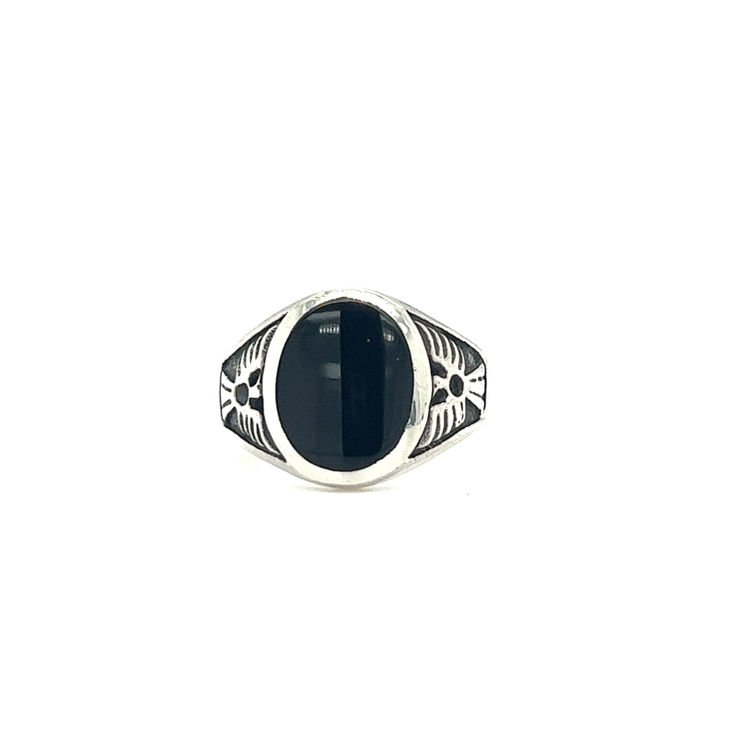 
                  
                    A native inspired sterling silver Oval Onyx Ring With Thunderbird Design adorned with a black onyx stone.
                  
                