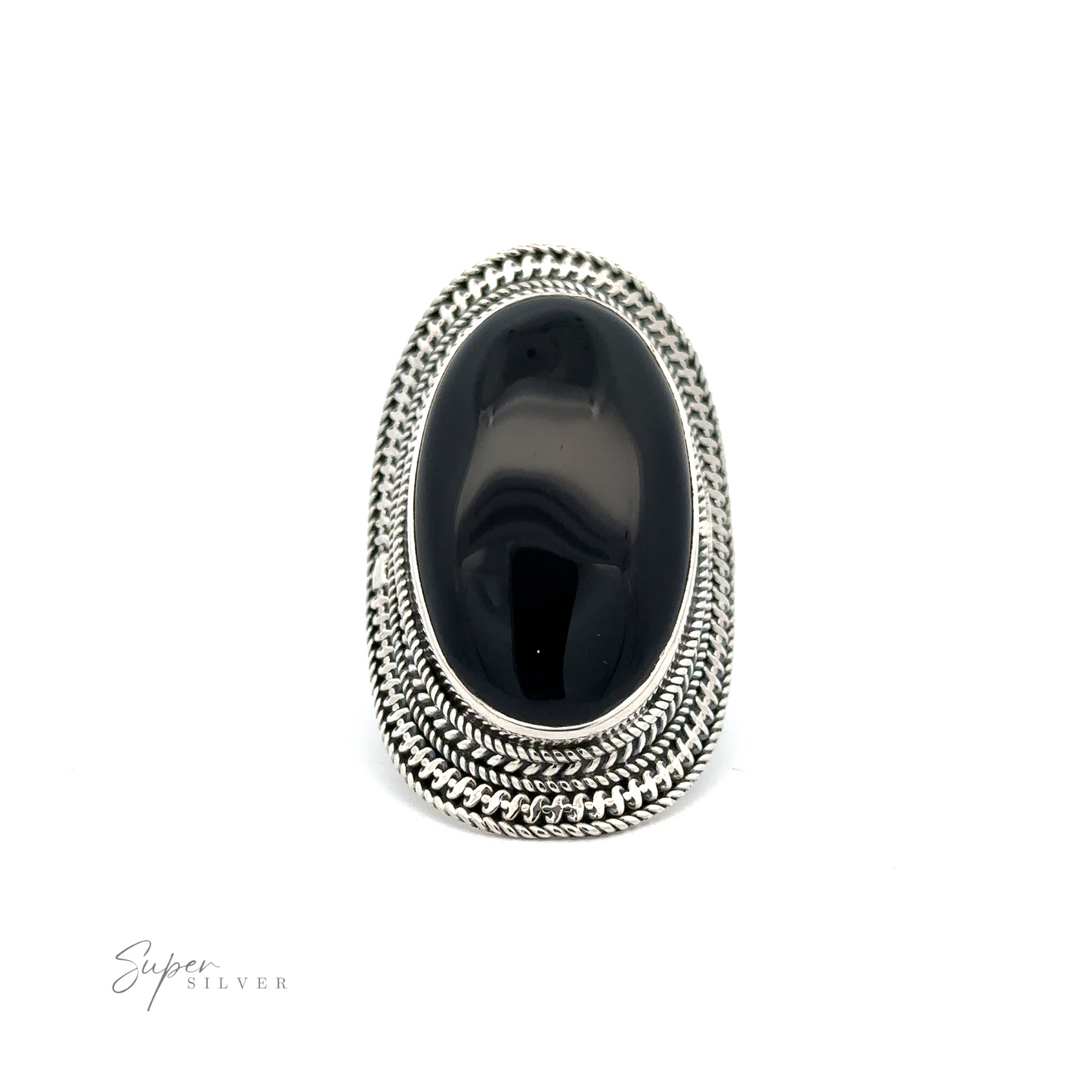 
                  
                    An **Large Oval Shield Gemstone Ring** set in a silver ring with intricate detailing, displayed against a plain white background, exudes a touch of bohemian flair.
                  
                
