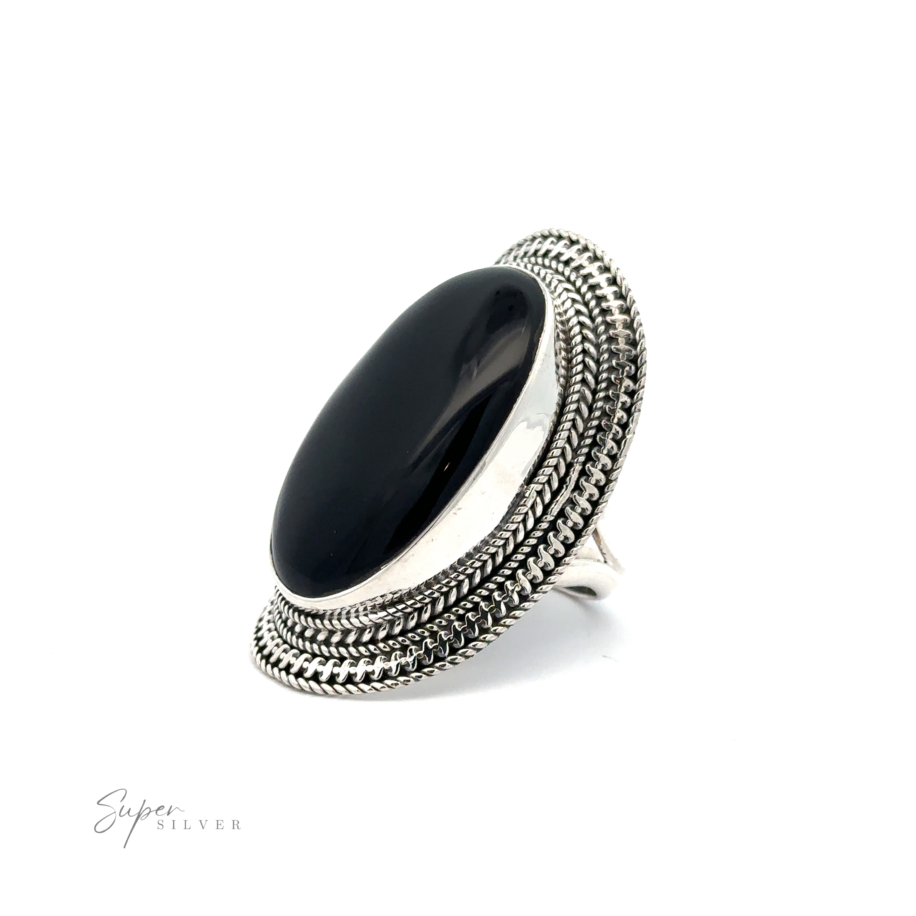 A Large Oval Shield Gemstone Ring featuring an oval gemstone with intricate braided metal detailing around the stone. The brand name "Super Silver" is visible in the corner, adding a touch of bohemian flair.