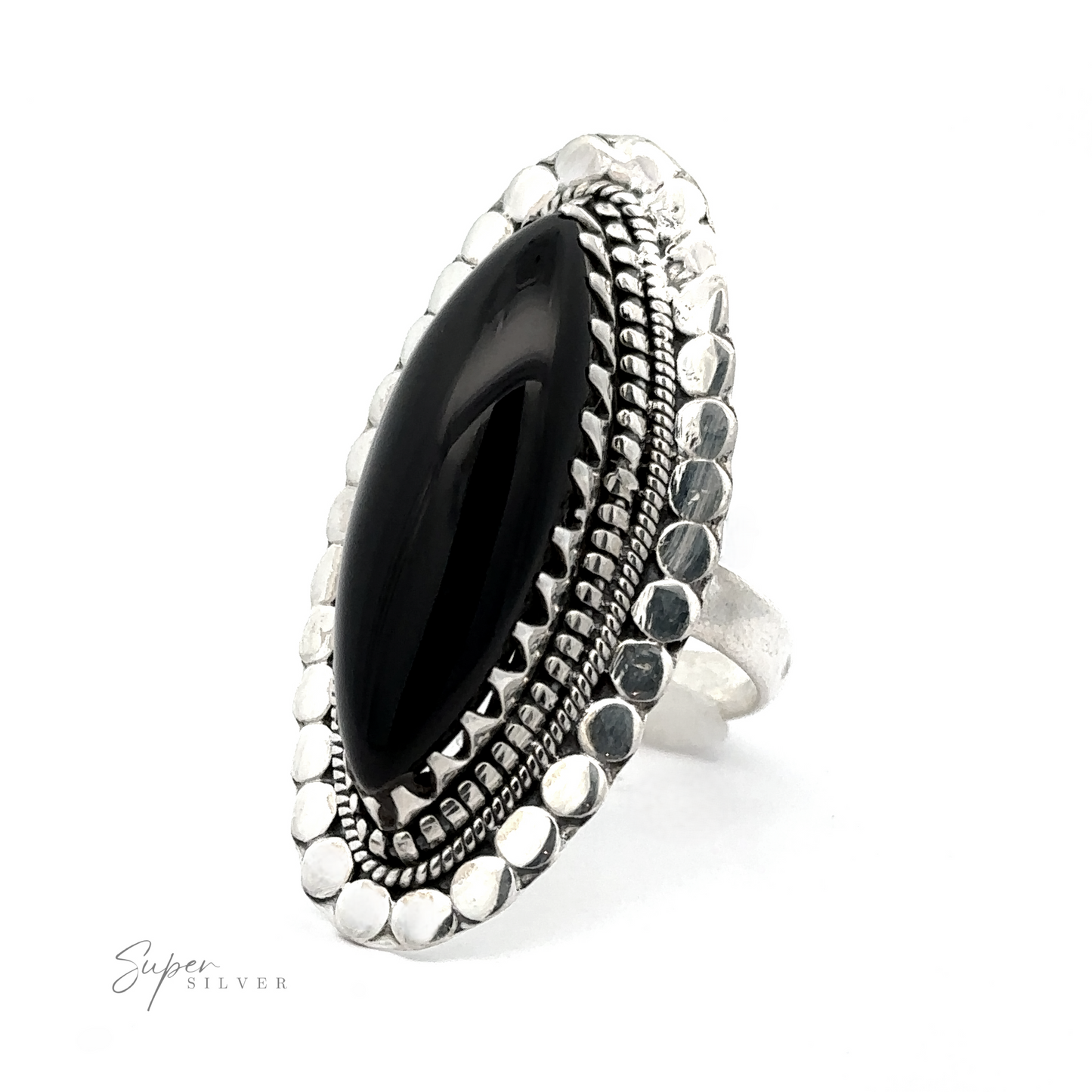 
                  
                    A silver ring with a large marquise-shaped gemstone set in the center, surrounded by a detailed, textured silver border design. The "Statement Marquise Shaped Gemstone Ring" logo is at the bottom left corner, embodying the essence of bohemian jewelry elegance.
                  
                